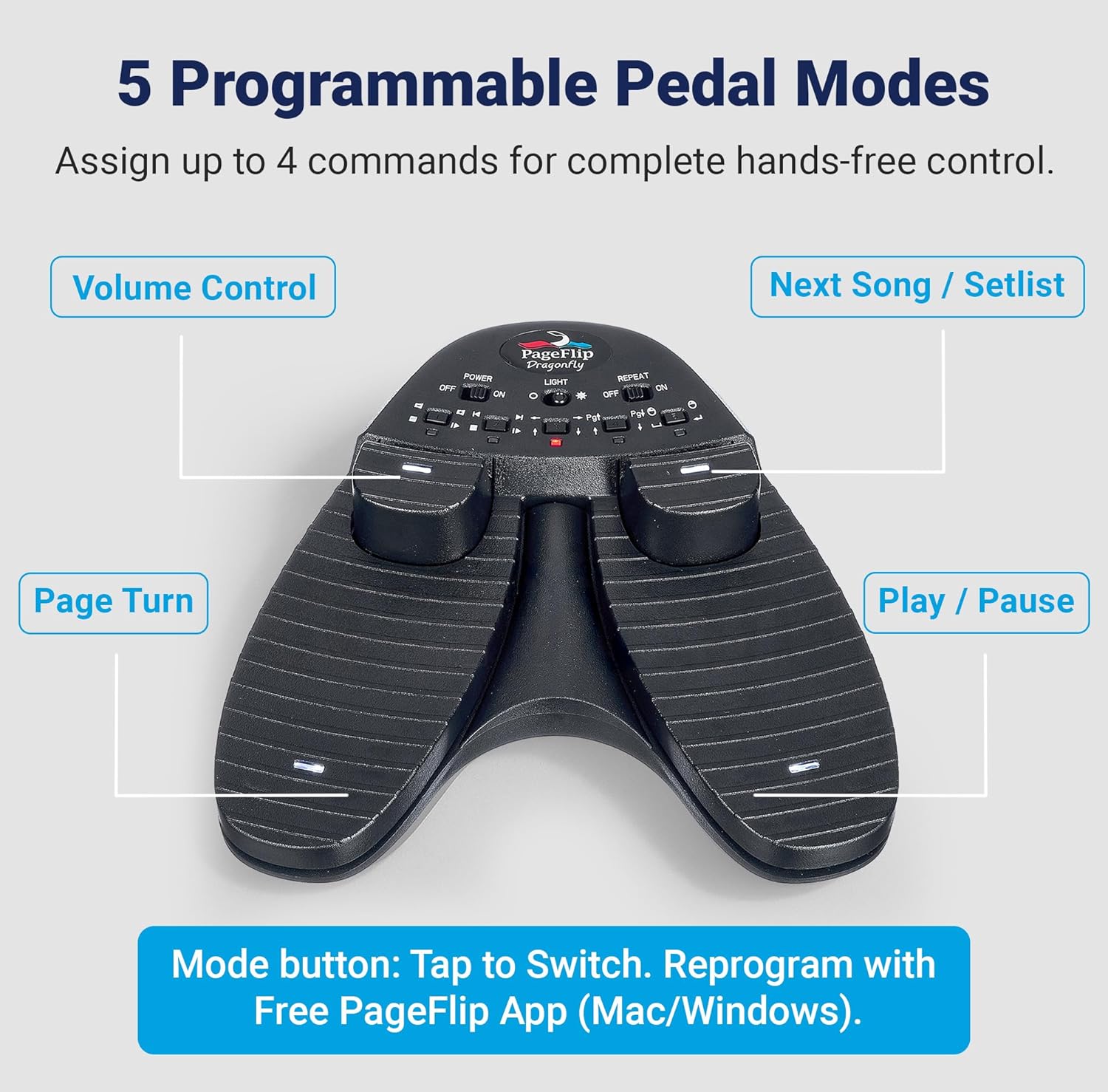 Image showing the dimensions of the PageFlip Dragonfly pedal and its power options