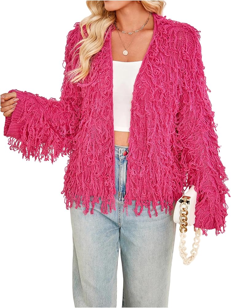 WDIRARA Women's Shaggy Knit Duster Cardigan Long Sleeve Open Front