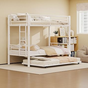 Bunk Bed with Trundle, Metal Twin Bunk Beds with Guardrail and Ladder for Kids/Teenagers/Adults, Space-Saving Bunk Bed Can be Split Into 3 Beds, No Box Spring NeededWhite, with Trundle