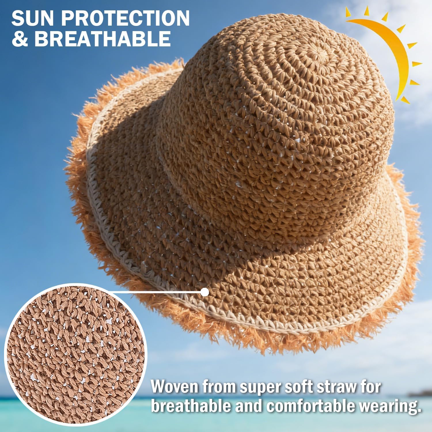 Women's Straw Bucket Sun Hat, Packable Floppy Wide Brim Beach Hat | Adjustable Fit, UV Protection & Shapable Brim, Breathable & Lightweight for Summer Daily Outdoor Use