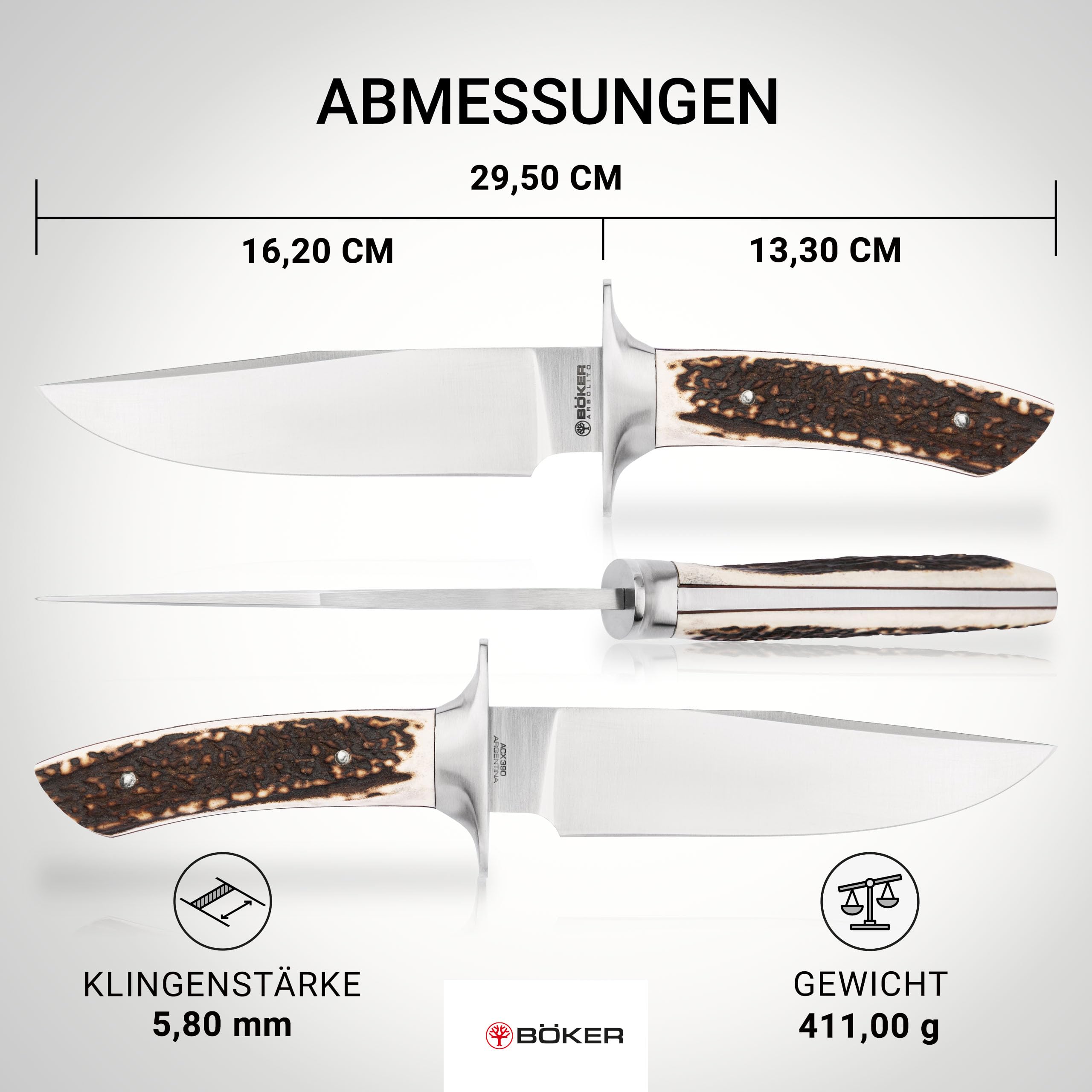 Böker ARGENTINIA® Torito HX - Outdoor Jagdmesser mit feststehender Klinge 16,2 cm - Fulltang Messer mit Hirschhorngriff echt - Hunting Knife mit Lederscheide braun - Survivalmesser mit Parierelement