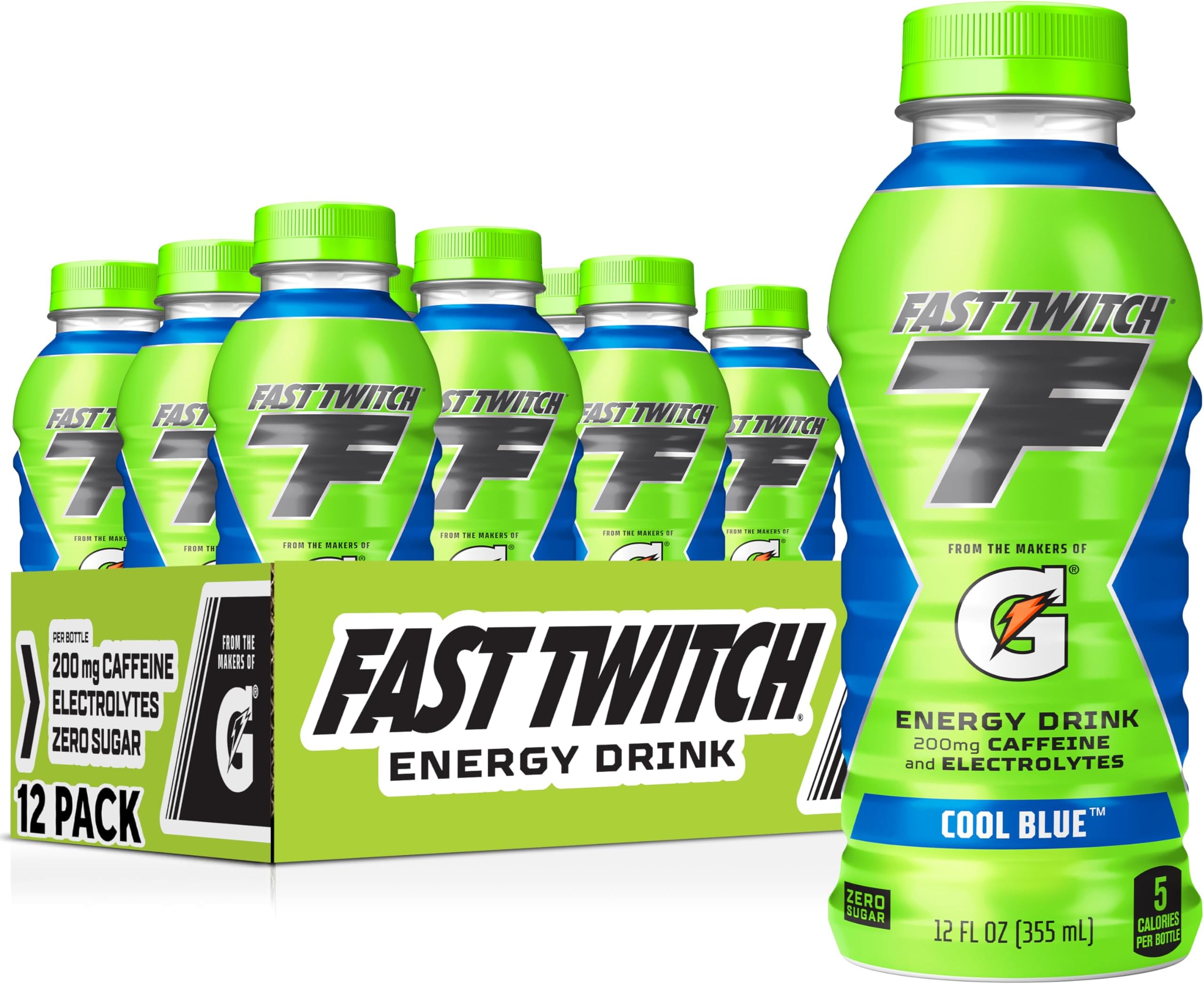 Energy drink from Gatorade, Cool Blue, 12oz Bottles, (12 Pack), 200mg Caffeine, Zero Sugar, Electrolytes
