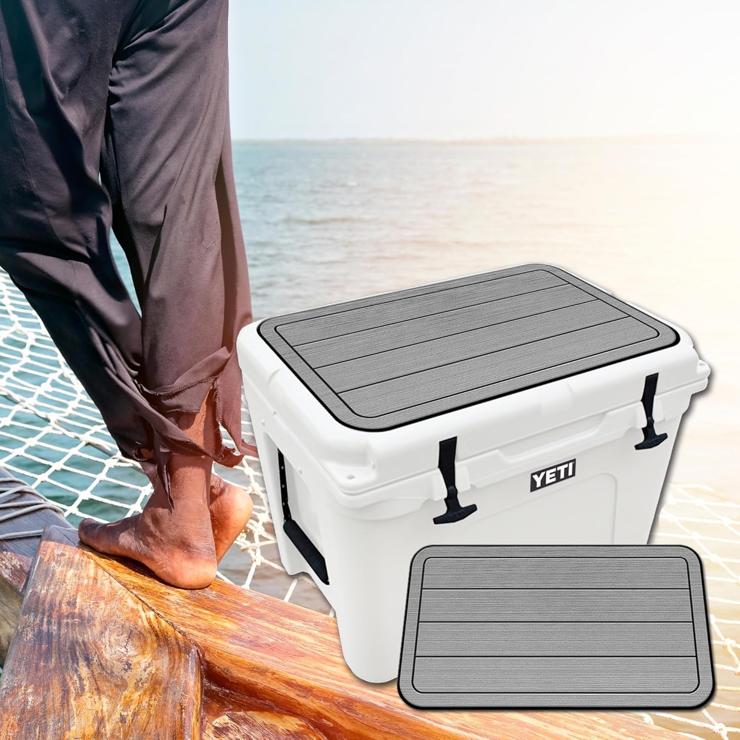USATuff SeaDek EVA Mat Cooler Pad fits YETI | Peel & Stick Application | Non Slip Comfort Accessories - Teak Lines (StormGray-Black)