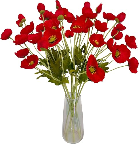 ATFL Red Poppy Flowers Artificia Fake Faux Silk Poppies Bulk with Stems | red poppies, 12-pack 23.5", realistic artificial silk poppy flowers, silk stems perfect for memorial day home wedding decor