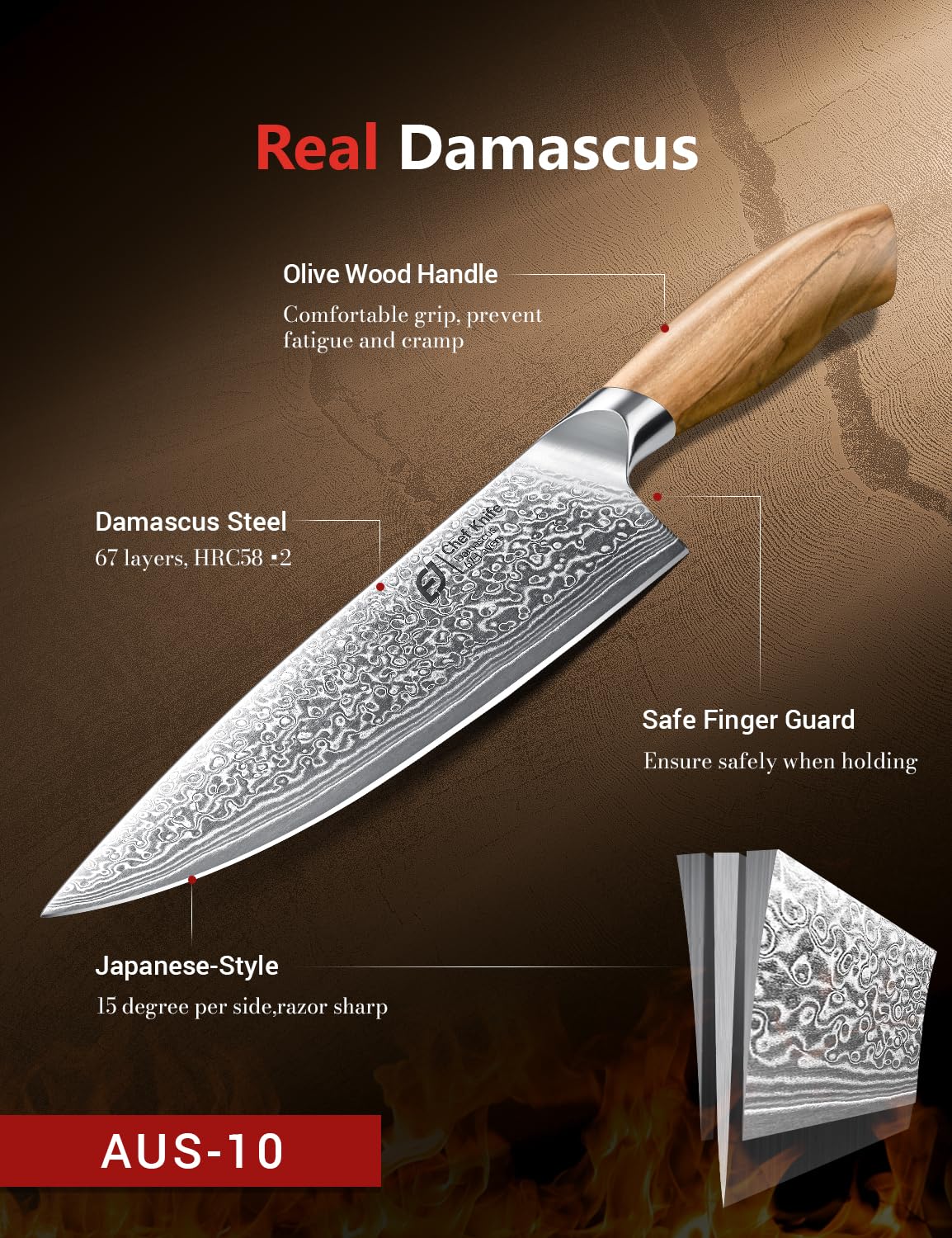 Emojoy 8-Inch Damascus Chef Knife, 67-Layer Japan Steel, Olive Wood Handle — Amazon image 2