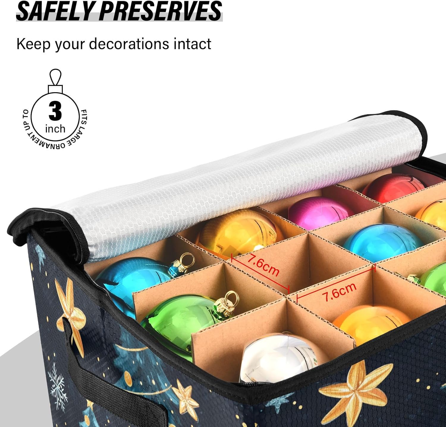 High Capacity Christmas ornament storage Holds Up to 64, Zippered Top Foldable Holiday Storage Case with Lid,Golden Christmas Tree