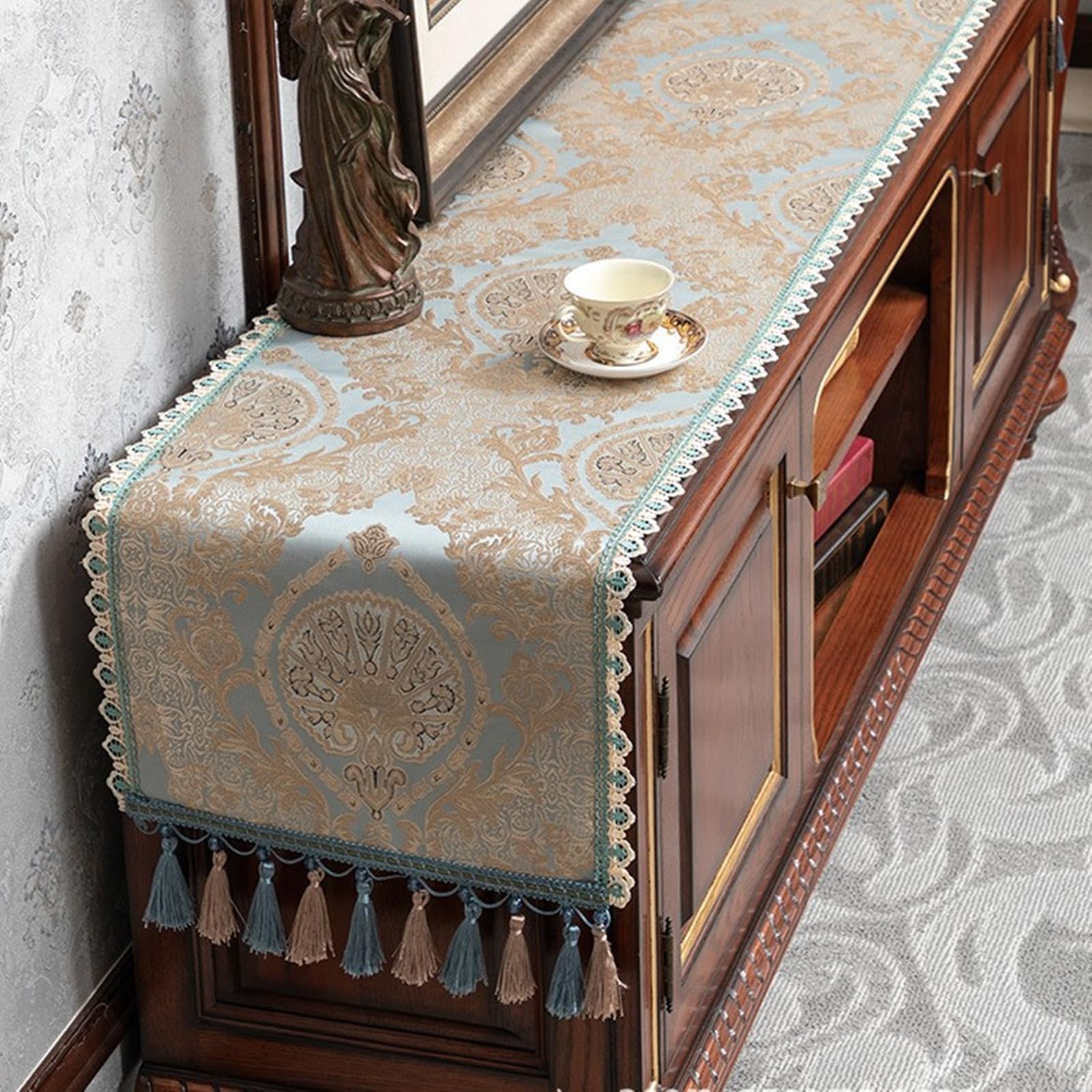 Camino de mesa moderno, 320 cm de largo, poliéster, algodón, decorativo, rectangular, estilo europeo, flores bordadas con borlas, mantel para fiesta en casa, azul y verde, 50 x 320 cm