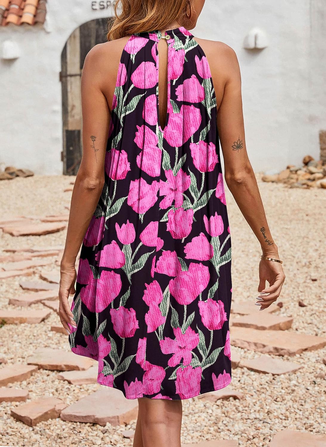 KIRUNDO Women's 2025 Summer Halter Neck Sleeveless Mini Dress Loose Tank Top Pleated Flowy Short Beach Sundresses - Image 5