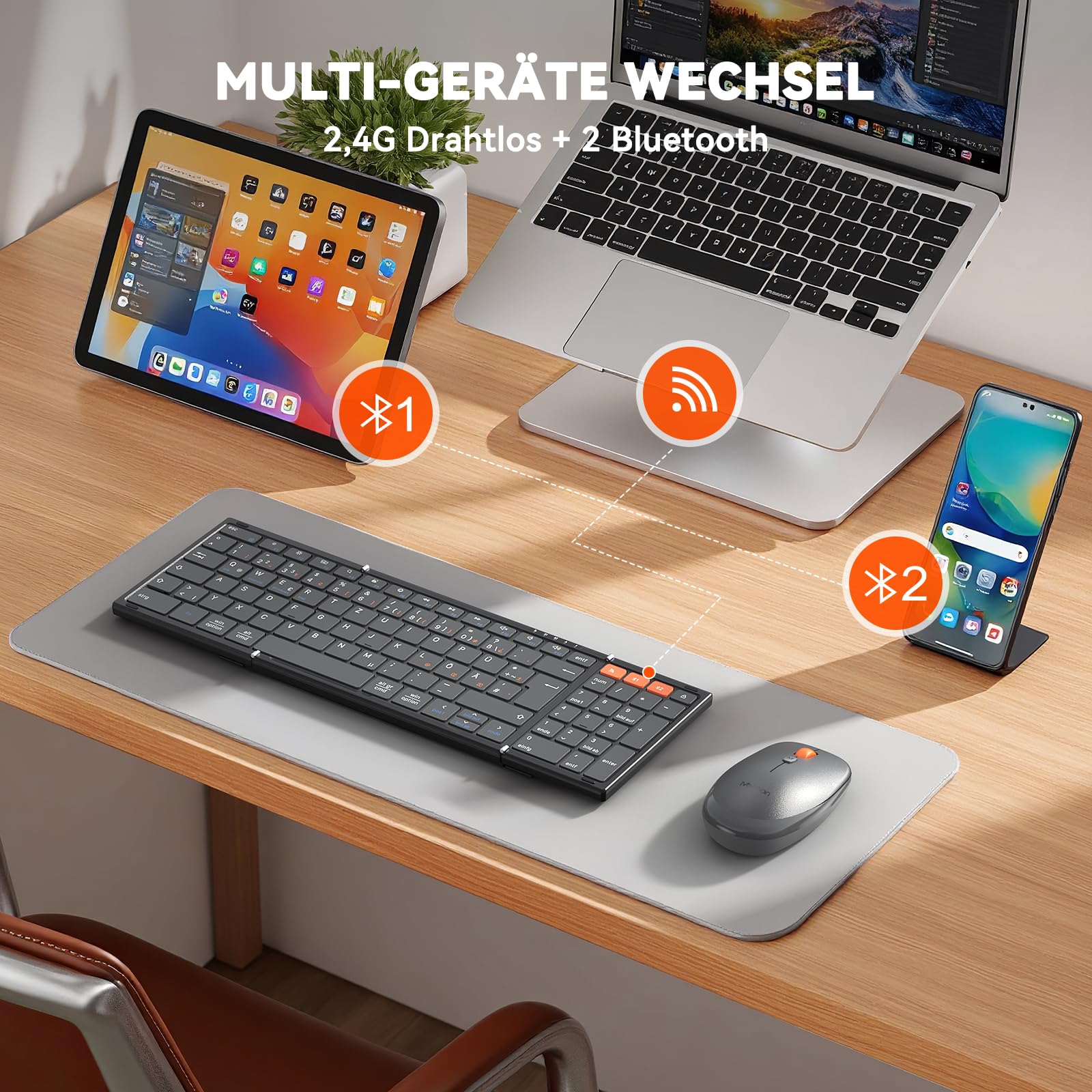 MEETION QWERTZ - Juego de teclado plegable con Bluetooth, teclado inalámbrico plegable con ratón, 2,4 GHz, diseño QWERTZ, compatible con Windows/Mac/iOS/Android/iPad, color negro