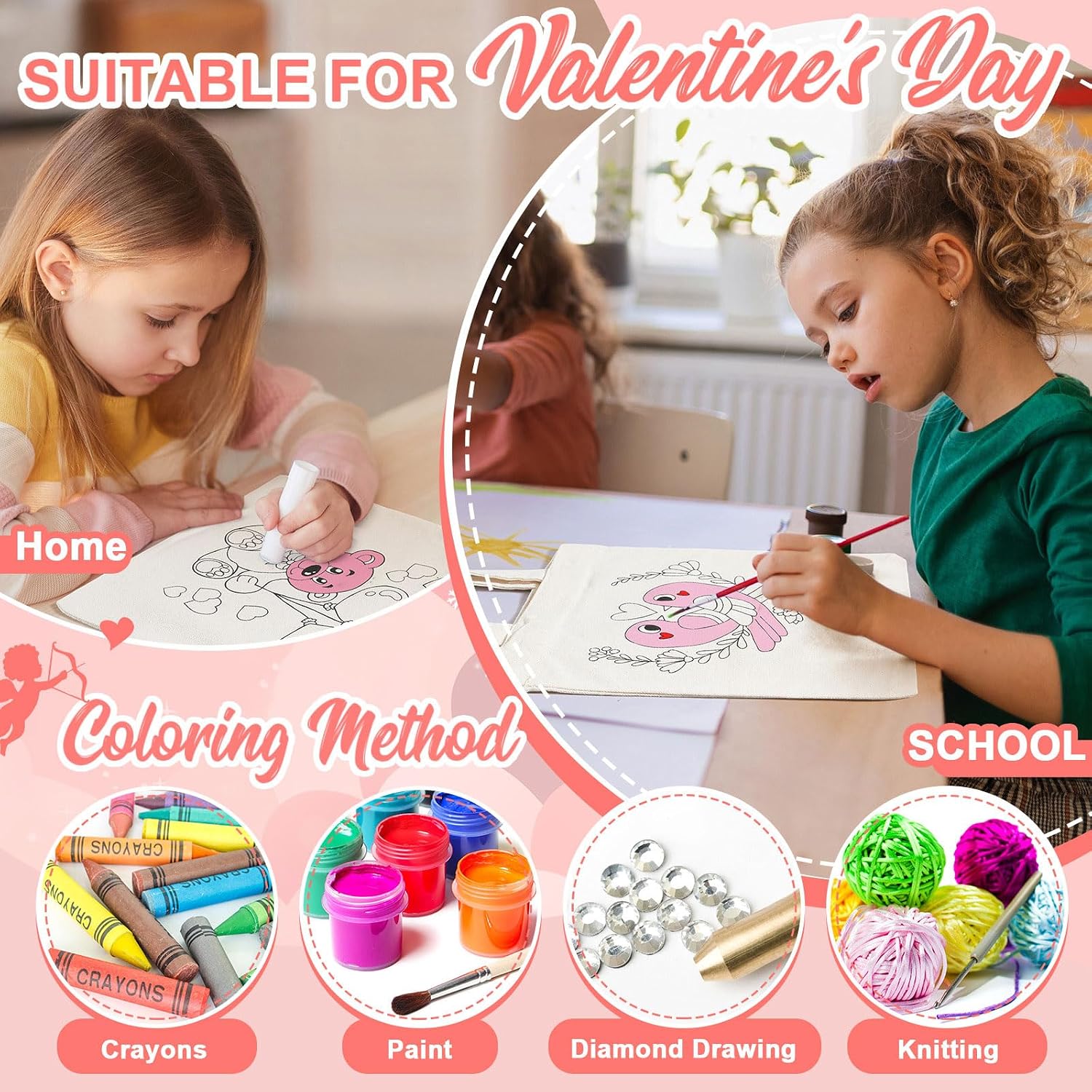Amylove 24 Pcs Valentine's Day Coloring Goodie Bags for Kids 8 x 8.5 Inch Canvas Color Your Own Tote Bag with Handle Reusable Gnomes Bear Bird DIY Painting Crafts Exchange Gift Wedding Party Favor