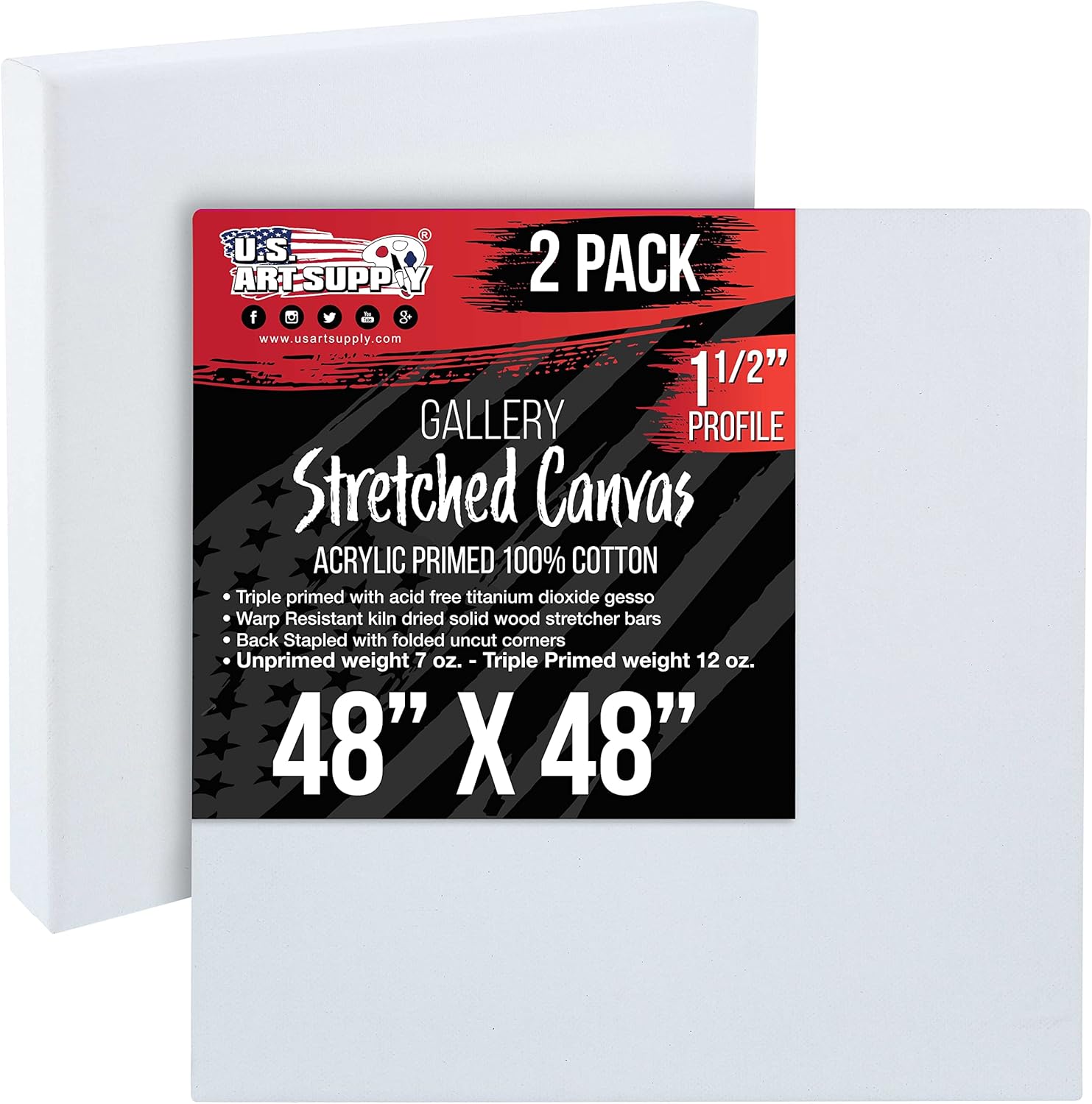 U.S. Art Supply 48x48 inch Stretched Canvas (2-Pack), gallery depth 1-1/2"