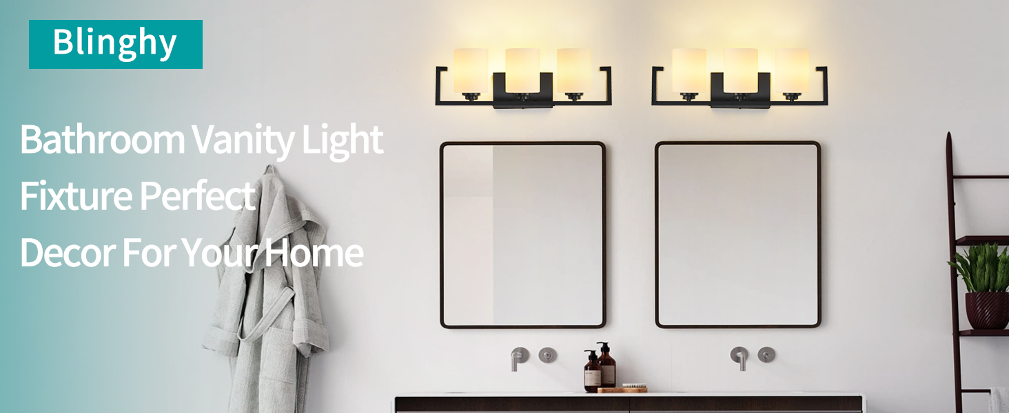 Image of 3-Light Bathroom Light Fixtures, Black Bathroom Lighting Fixtures Over Mirror with Milky White Glass Shades, Modern Vanity Lights for Mirror Hallway Bedroom Living Room