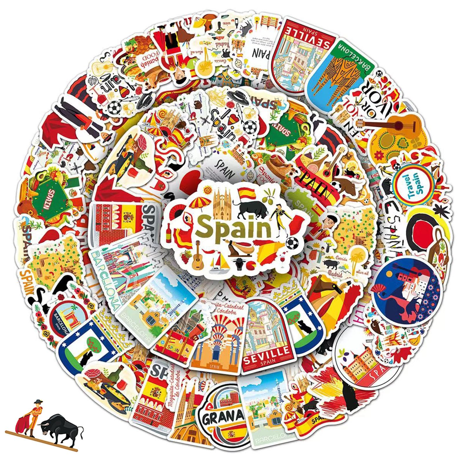 SkeudzneSkeudzne Spain Stickers, 60Pcs Spain Themed Travel Stickers Cartoon Graffiti Water Bottle Sticker Pack for Kids Teens Boys Girls Adults Guitar Journal Laptop Scrapbook Decal