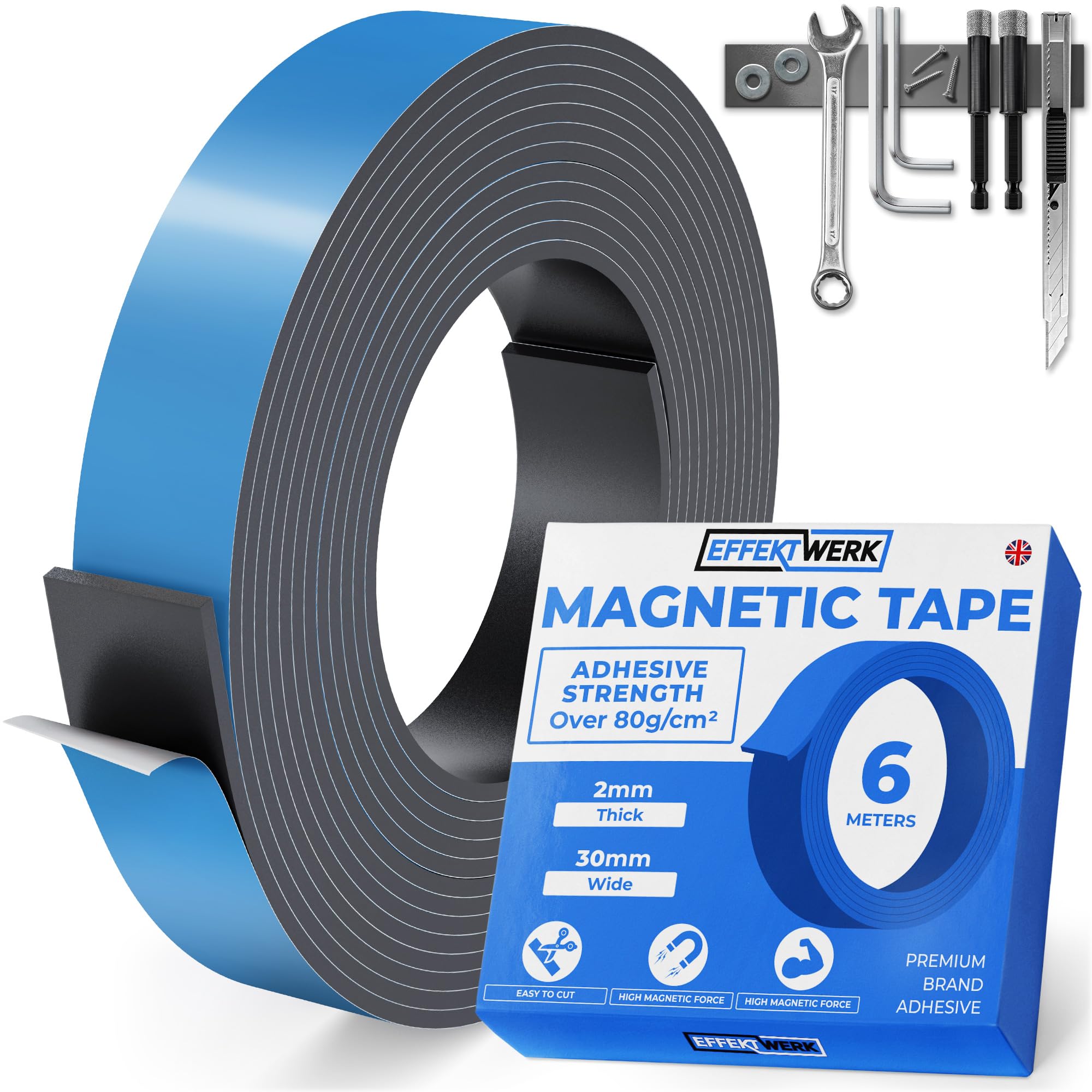 Magnetic Tape Roll - 6 Metre Long, 30 mm Wide - Extra Thick & Wide Magnetic Strips w/Strong Self-Adhesive Backing - Easy to Cut & Stick to Flat Surfaces