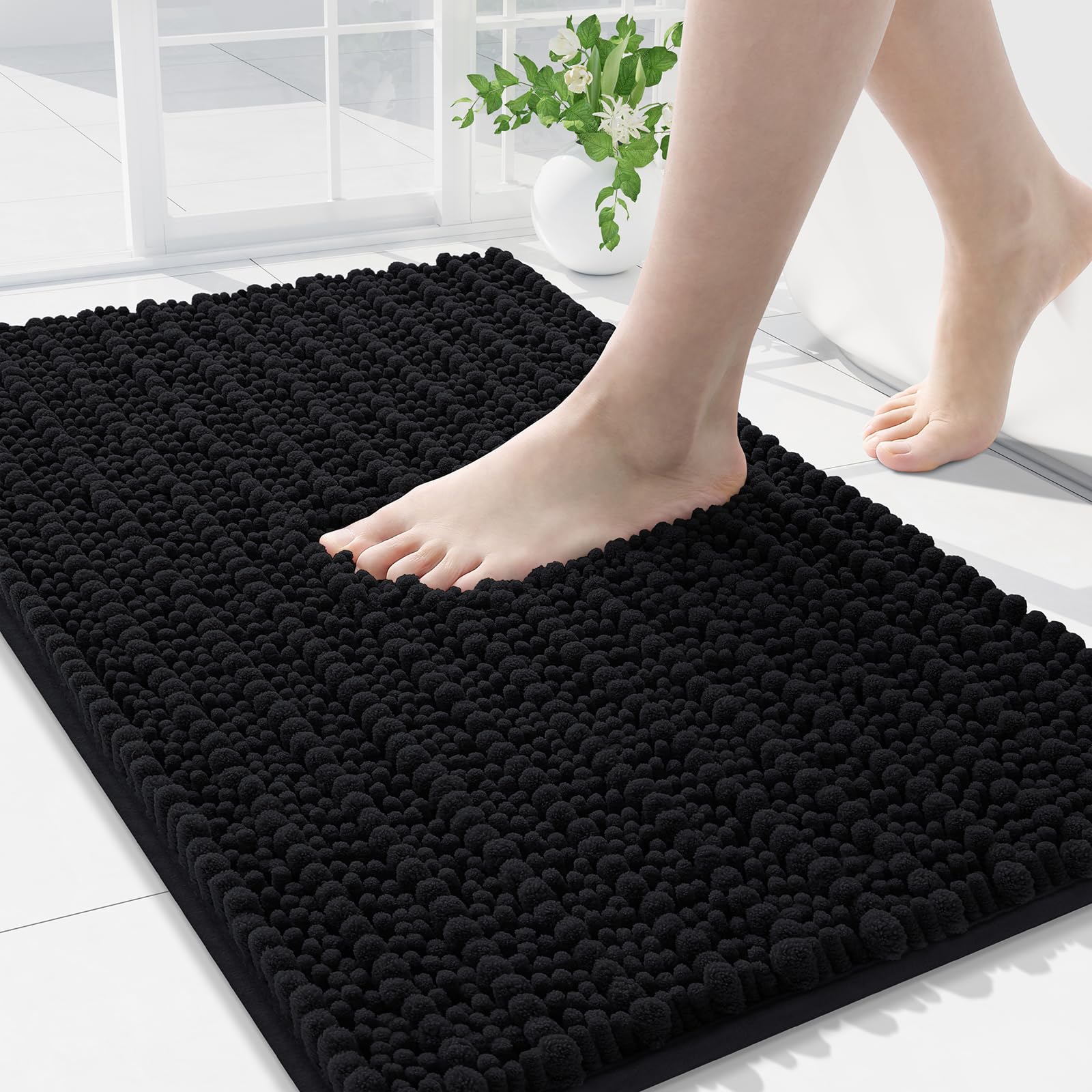 Arotive Luxury Chenille Bathroom Rug Mat, Extra Soft Thick Absorbent Shaggy Bath Rugs, Non-Slip Machine Wash Dry, Plush Bath Mats for Bathroom, Shower and Tub, 30x20, Black