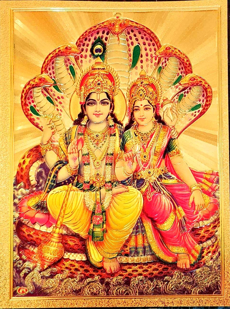 Suninow Hindu Lord Vishnu Goddess Laxmi Ji Religious Gold Aluminum Plated Photo Frame for Puja (Golden) 1