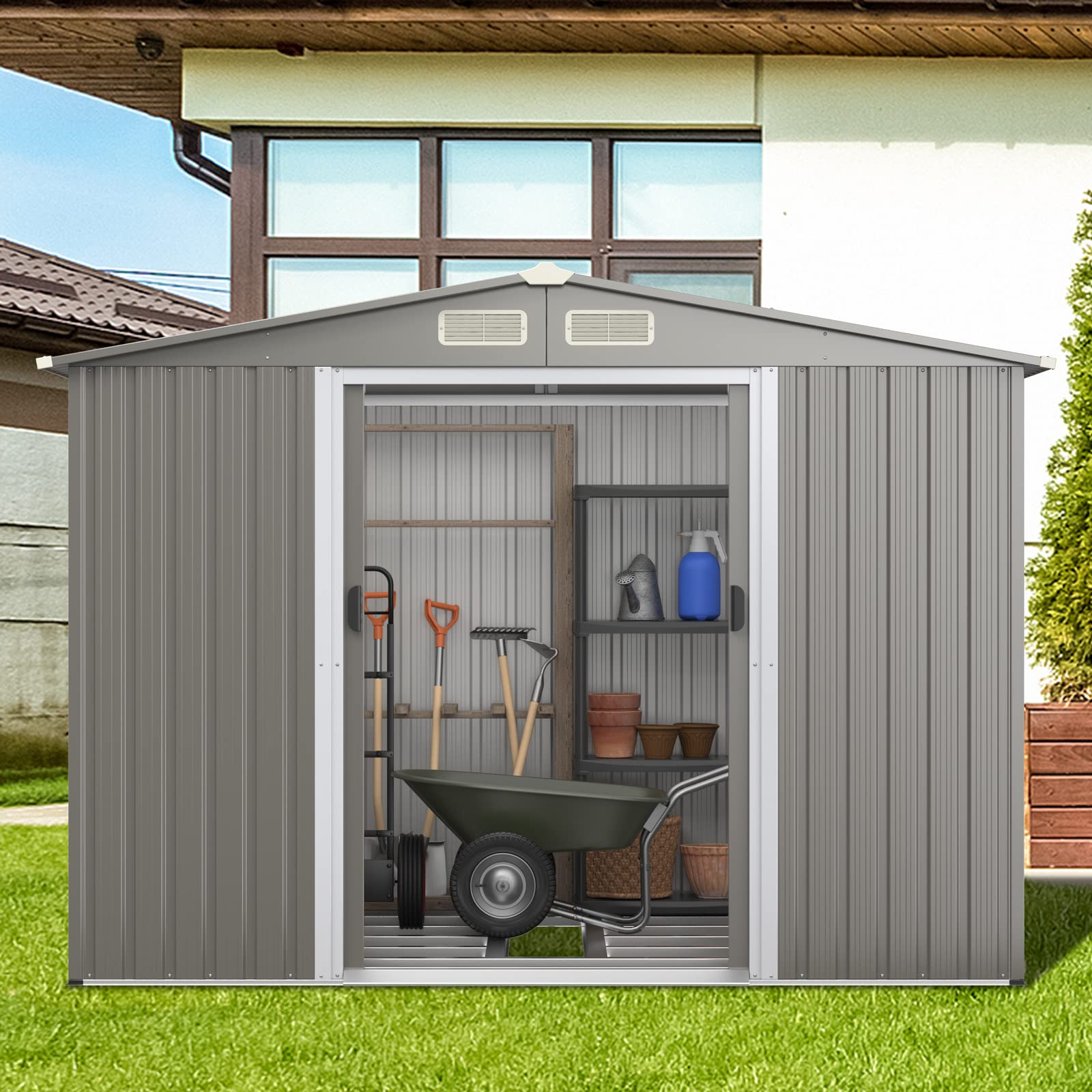 COSTWAY Casetta da Giardino 4,74㎡, Capanno da Esterno in Lamiera Acciaio Zincato Resistente alle Intemperie con 4 Feritoie, Doppie Porte e Rampa, 260 x 207 x 181 cm (Grigio chiaro)
