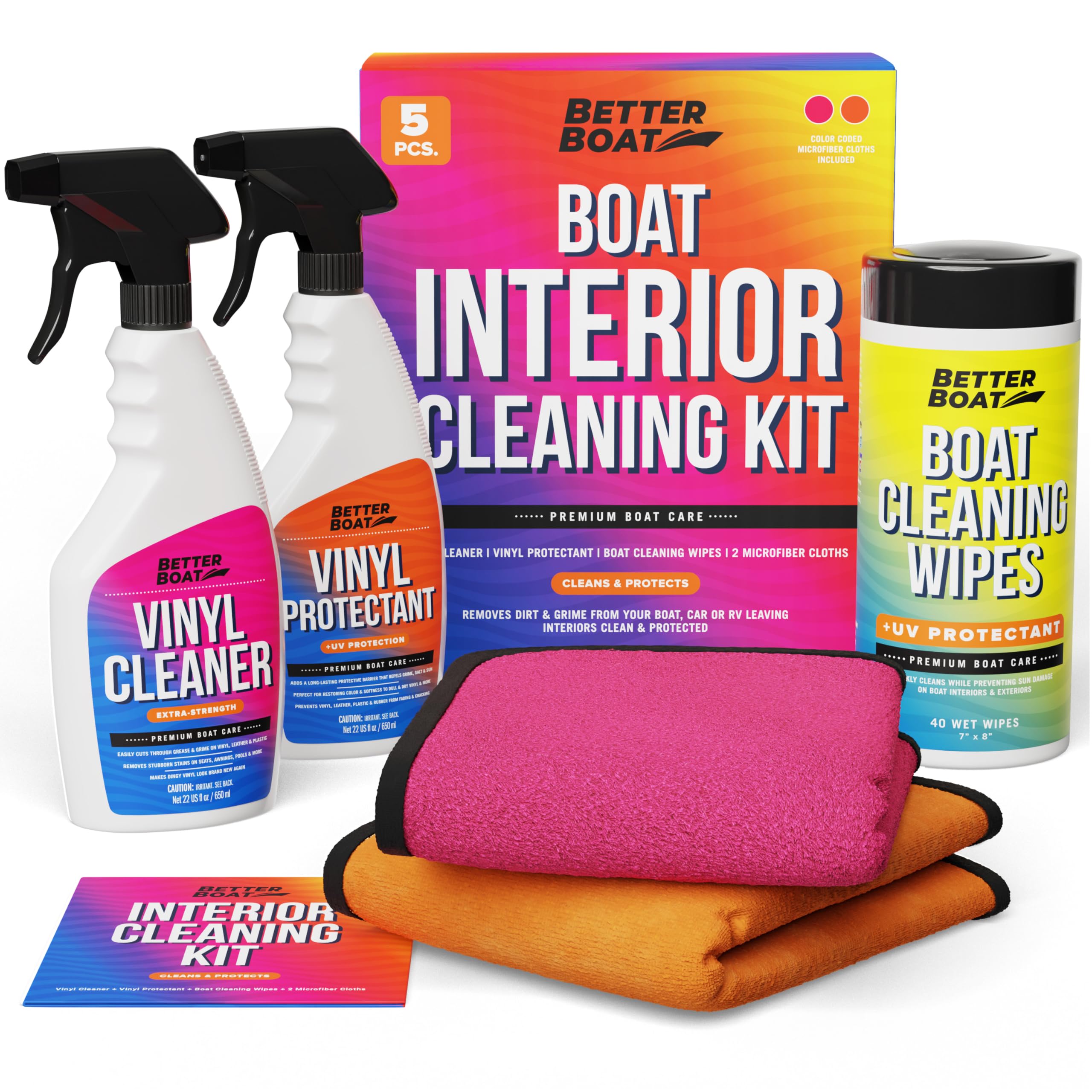 Boat Interior Cleaning Kit, Marine Vinyl Protectant and Cleaner, Wipes, Microfiber Cloths, for Boat Seats, Pontoon Accessories, Jet Ski, Car, and RV