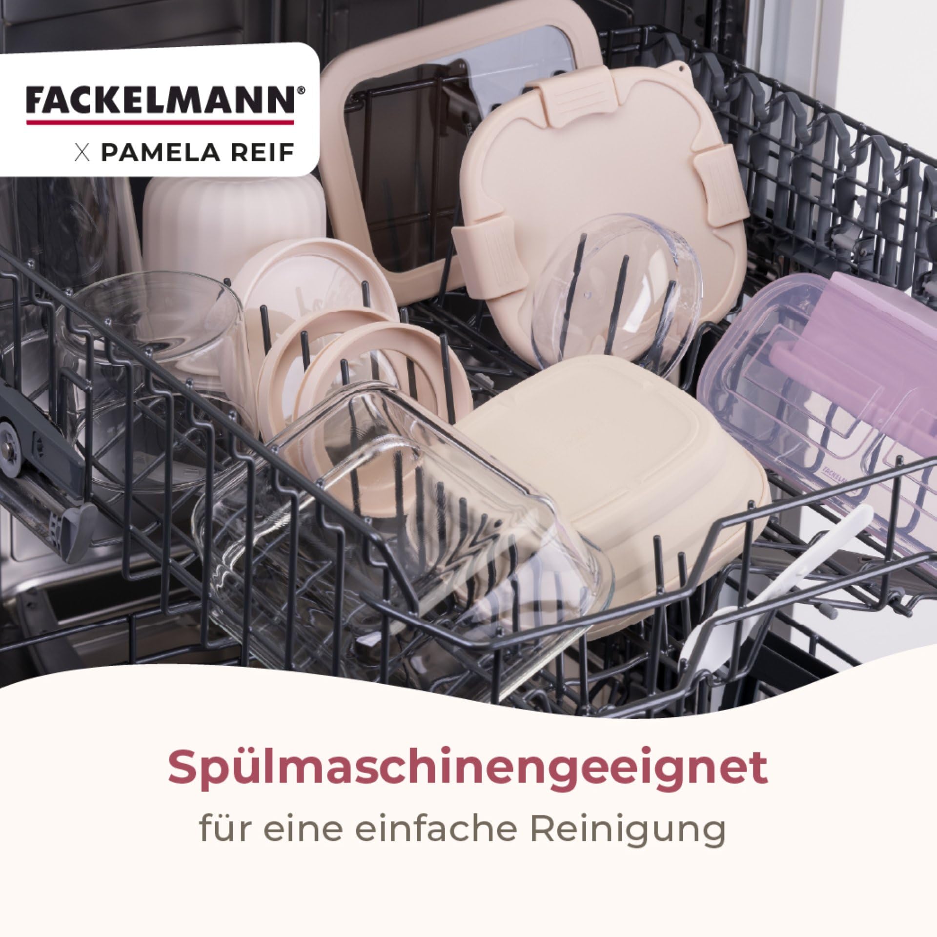 FACKELMANN x Pamela Reif Vorratsdosen aus Glas – 6 Stück, 1050 ml, mikrowellen- und backofengeeignet, mit Lüftungsventil, pastellbeige