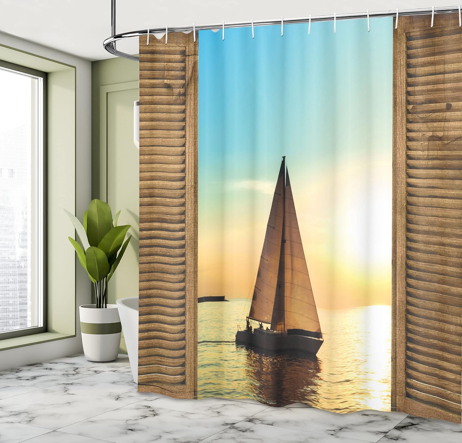 Ambesonne Nautical Shower Curtain Sea Life, Sailboat Seascape on The Ocean Scenic Ombre Colored Sunset View from Rustic Wooden Frames Print, Fabric Bathroom Set with Hooks, 69" W x 75" L, Brown Blue