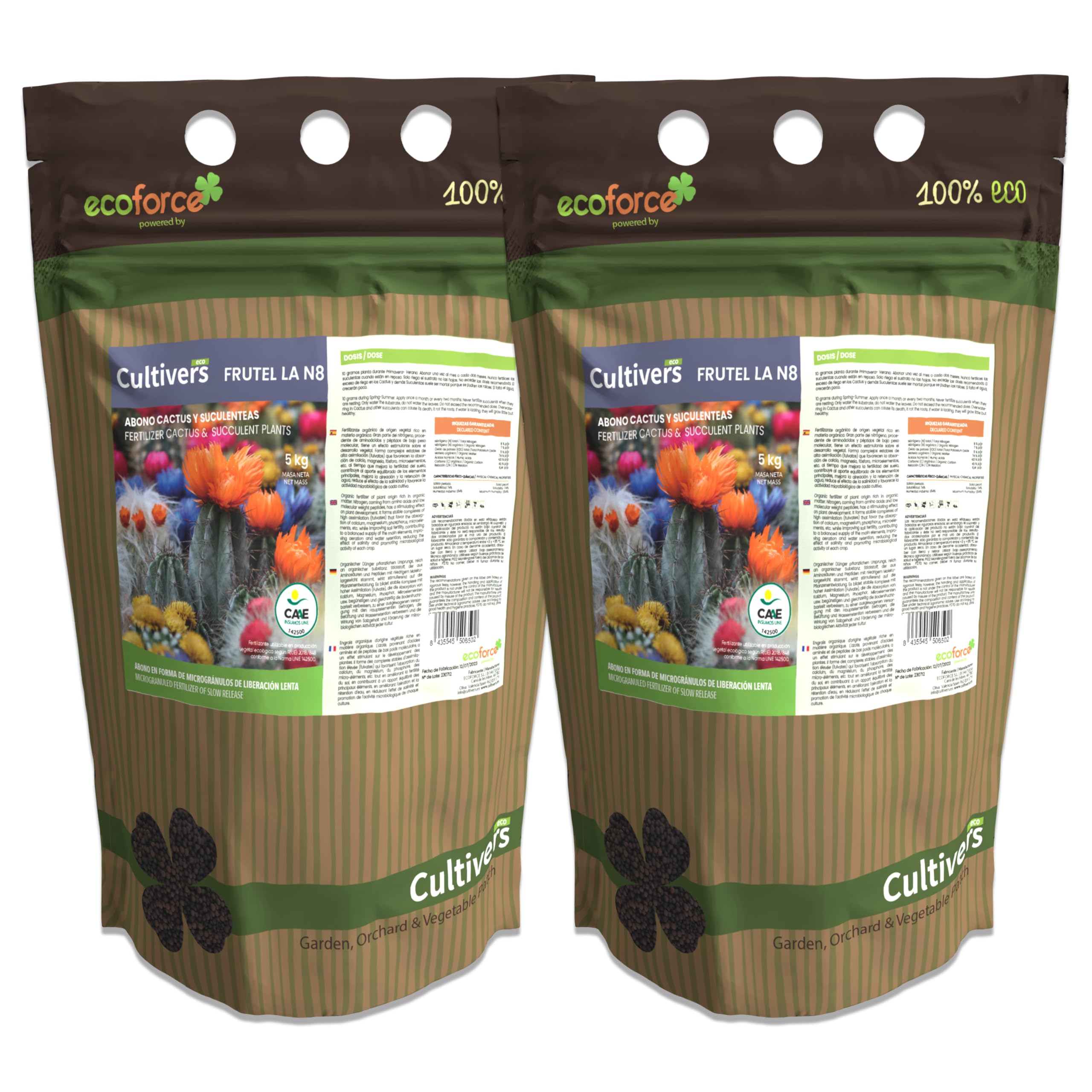 CULTIVERS Abono Cactus Plantas Crasas y Suculentas Ecológico de 2x5 Kg. Fertilizante de liberación Lenta Origen 100% Orgánico y Vegano
