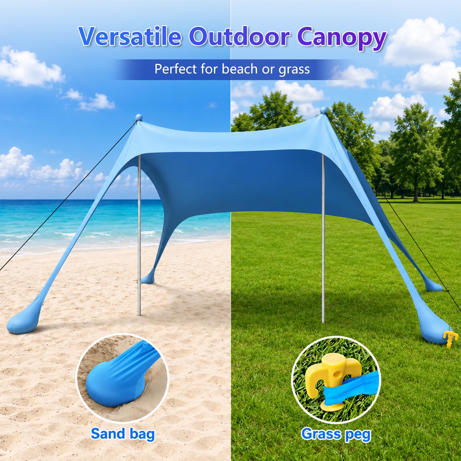 Strandzelt mit Strandmatte, LSF 50+ Hochschutz, 2x2x2m, inkl. Sandanker, Alu-Stangen & Tragetasche, Perfekt für Camping, Angeln, Garten, Picknick und Strand, Himmelblau