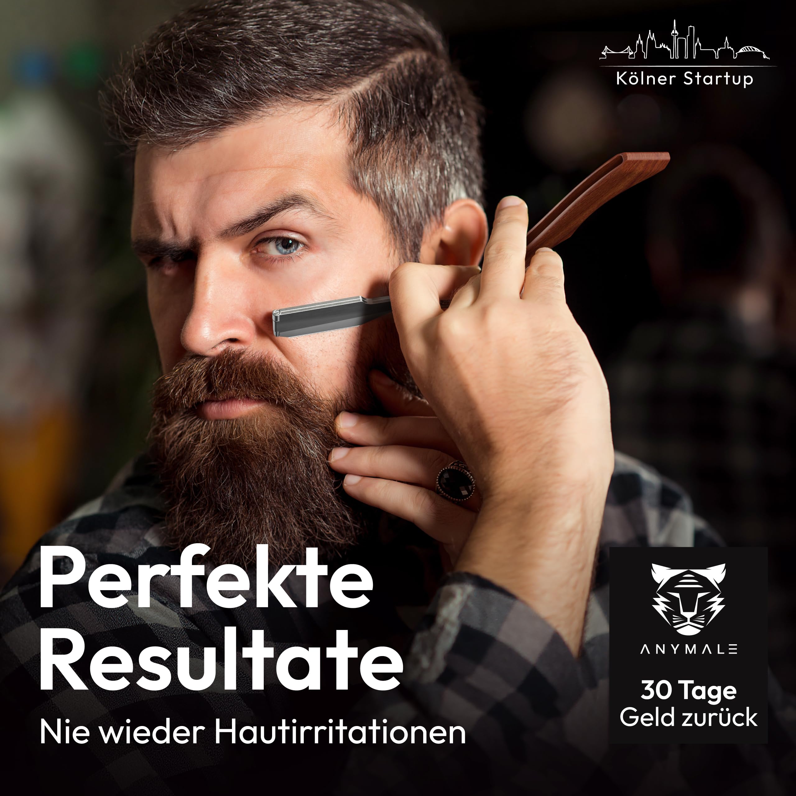 Premium Rasiermesser mit Wechselklinge "The Edge" für Herren Griff aus Sandel-Holz - Straight Razor Bart & Konturen inkl. 5 x Klinge - Edelstahl Barber & Friseur Nass-Rasierer Bartmesser Set