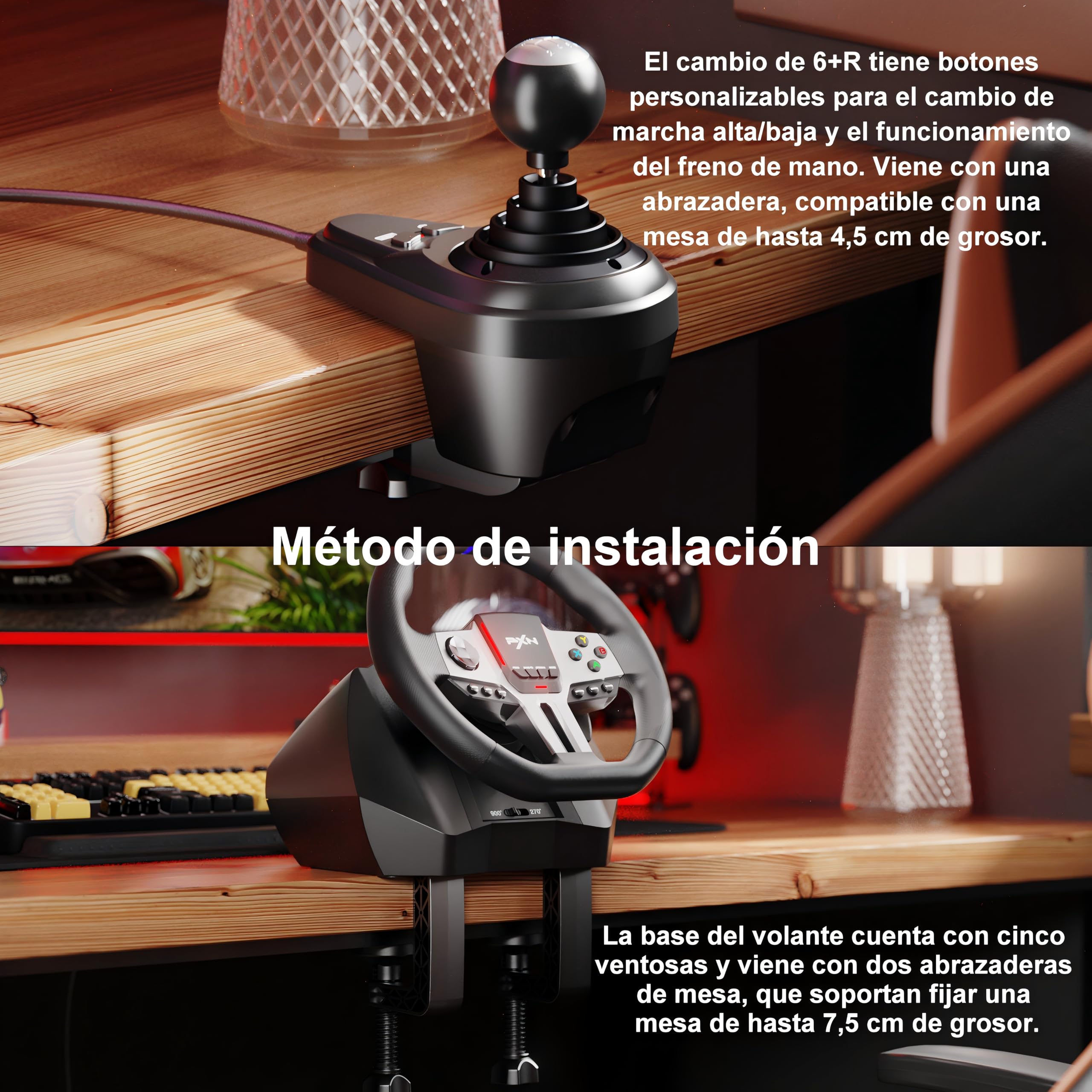 PXN V9 GEN2 Volante para PC, Volante para PS4 con Palancas de Cambio, Pedal con Efecto Hall, Palanca de Cambios 6+R, App, Volante de Carreras para Xbox Series X/S, Xbox One, PC, PS4, PS3