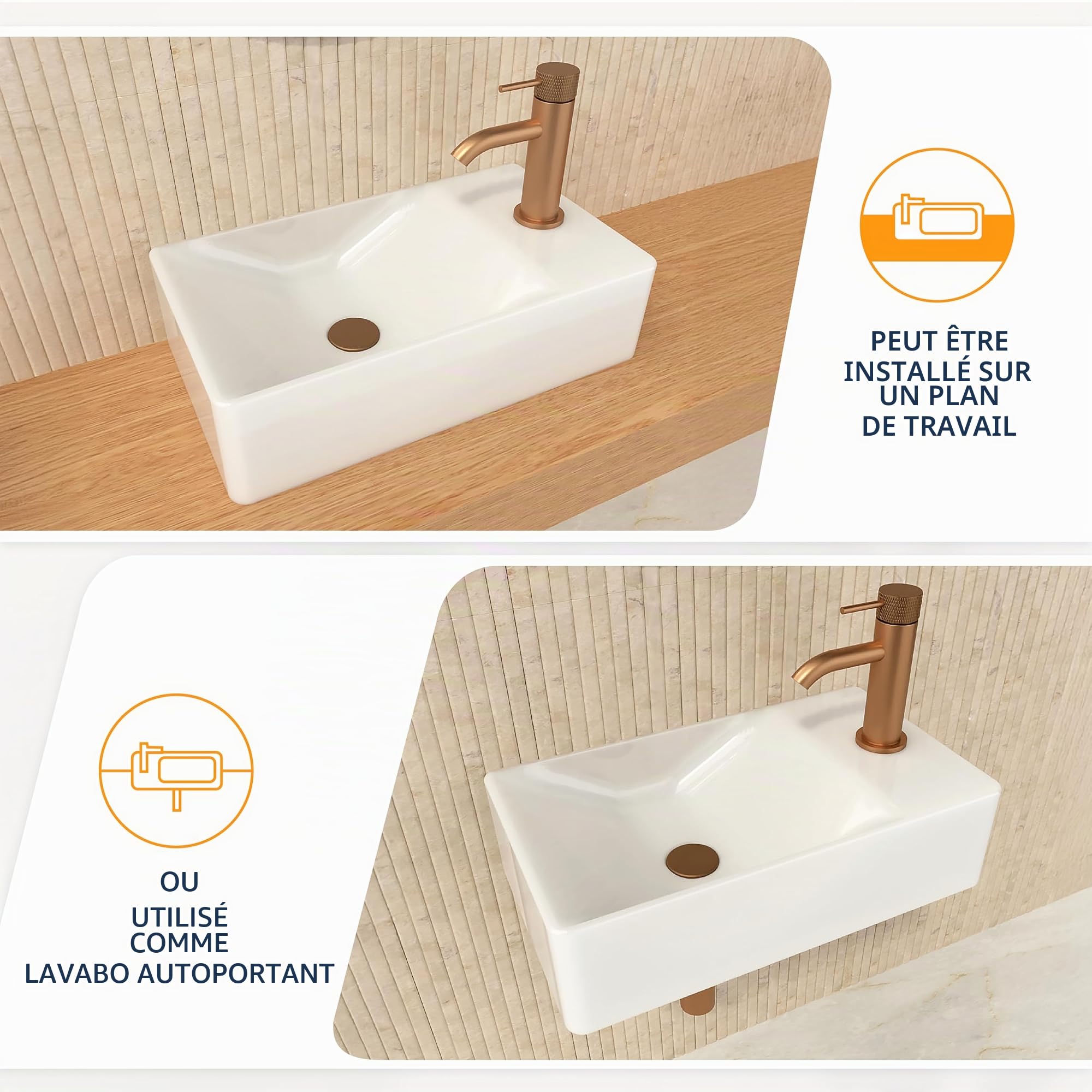 HOGART Lave-Mains WC Suspendu 38x22 cm, Lavabo Compact en Céramique, Gain de Place, avec Trou Robinetterie, Sans Trop-Plein, Petit Lavabo Toilettes Invités, Bol à Gauche, Blanc Design Moderne WC Pro +