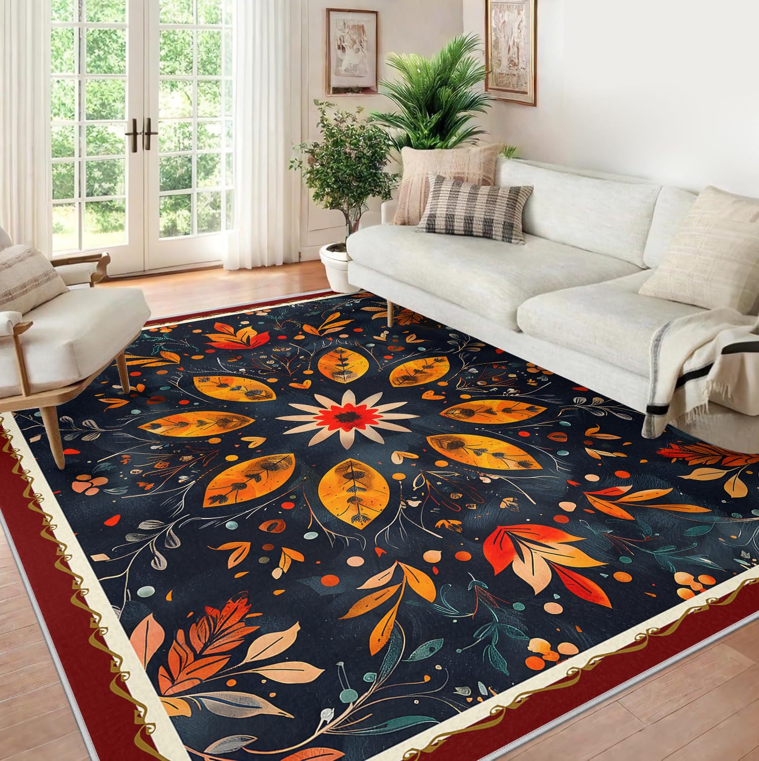Dywan kosmiczny 60 x 100 cm dywaniki antypoślizgowe nadające się do prania geometryczny etniczny boho do salonu sypialnia jadalnia żółty i pomarańczowy wzór kwiatowy dywan do drzwi