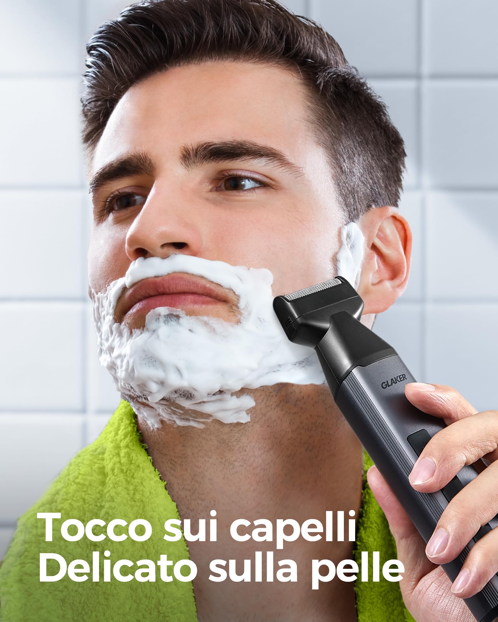 GLAKER Rasoio Elettrico Barba 6 in 1 – Regola Barba Elettrico Uomo Impermeabile per Barba, Capelli, Corpo, Parti Intime e Naso con Testine Intercambiabili