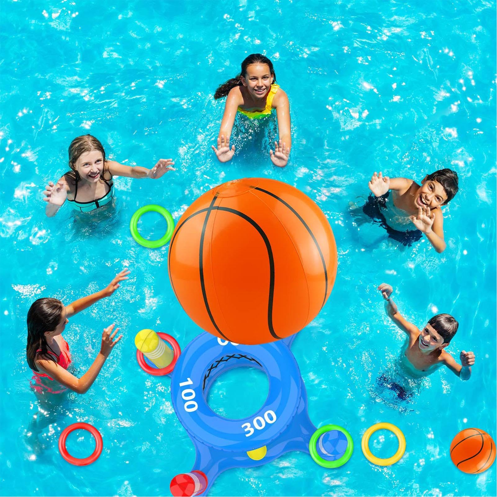 Canasta De Baloncesto Y Soporte - Canasta De Baloncesto Ajustable 2 En 1, Juego De Agua Flotante, Juego De Juguetes De Piscina Multifuncional | Incluye 8 Anillos De Lanzamiento | Diseño Ligero Para