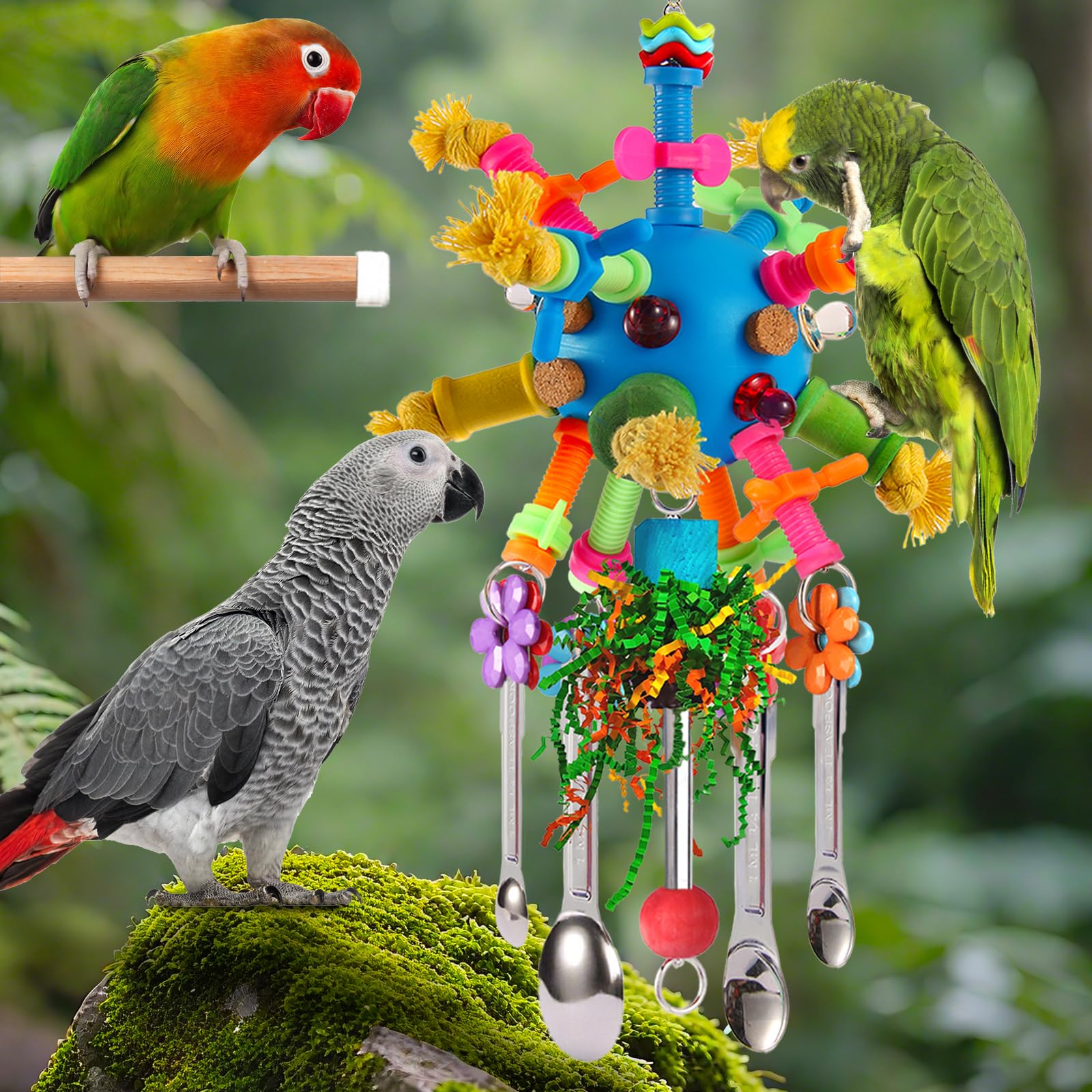 Parrot Toys Bird Toys Perch Pullable Stainless Steel Spoons Colorful Acrylic Stick Chew Toys for Amazons Mini Macaws African Greys Cockatoos Conures, Cockatiels, Lovebirds, Parrotlets and Other (blue) - image 7