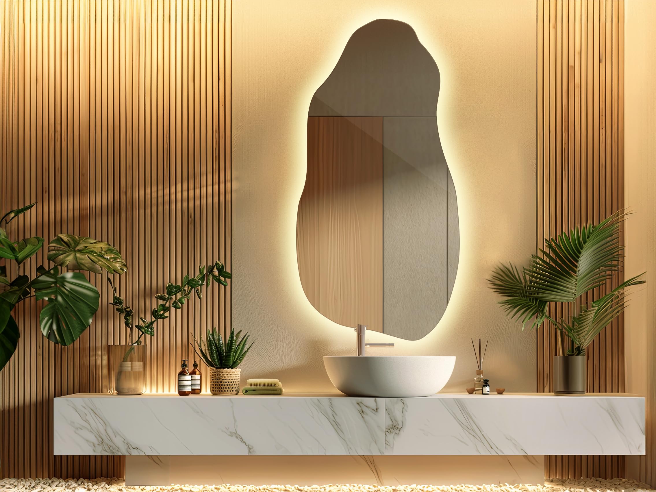 Generico Decormat Specchio LED 50x100 cm Grande Moderno Irregolare Specchio da parete Organico Asimmetrico Macchia per Bagno Soggiorno Verticale con illuminazione Luce calda