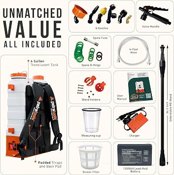 PetraTools Battery Powered Backpack Sprayer 4 Gallon - 6 Hours Long Battery Life & Padded Straps for Comfort - HD4000 Electric Backpack Garden Sprayer with 6 Spray Nozzles & 90PSI Adjustable Pressure | HD4000 Electric Sprayer with Digital Battery Meter, 6 Nozzles & Padded Comfort Straps - For Lawn, Garden, Weed & Pest Control