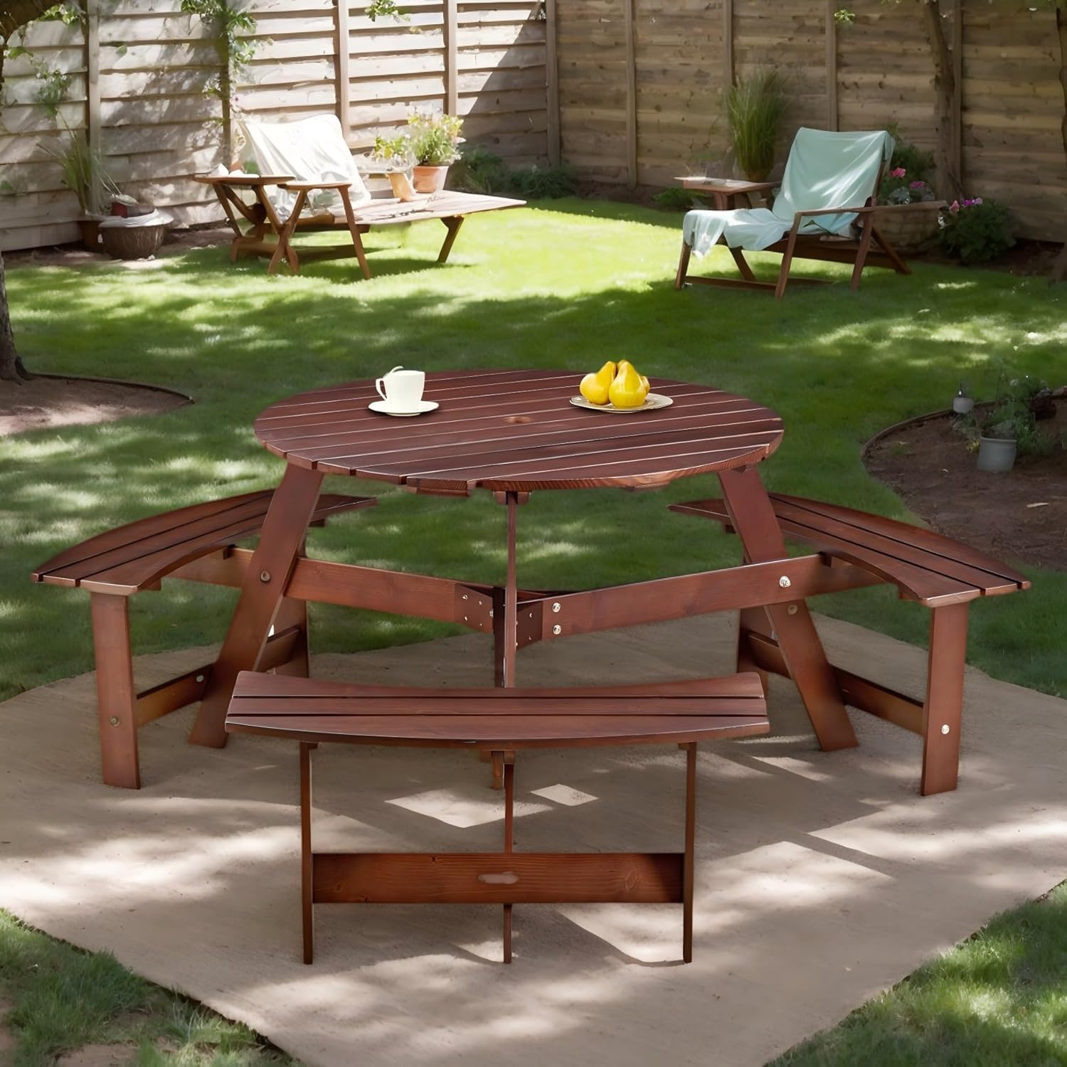 6 Person Wood Picnic Table, Outdoor Round Picnic Table with 3 Built-in Benches, Umbrella Hole, Outside Table and Bench Set for Patio, Backyard, 500lbs Capacity Per Bench (Brown - 6 Person)