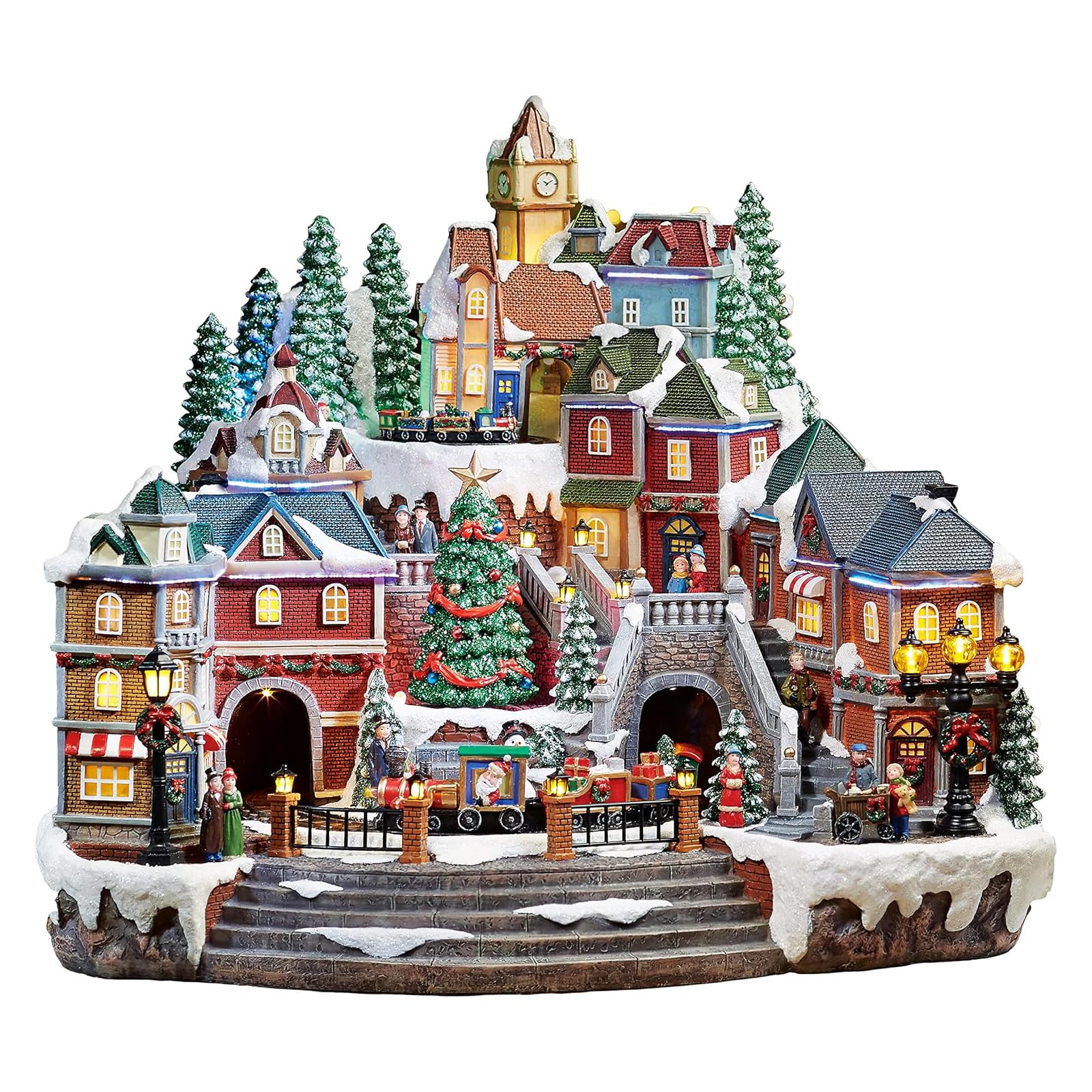 Christmas Village Centerpiece Decor, Tiered Village Town Center, with Rotating Train and Village Buildings, featuring LED Lights, Christmas Music, and Animation - Power Adapter (included)