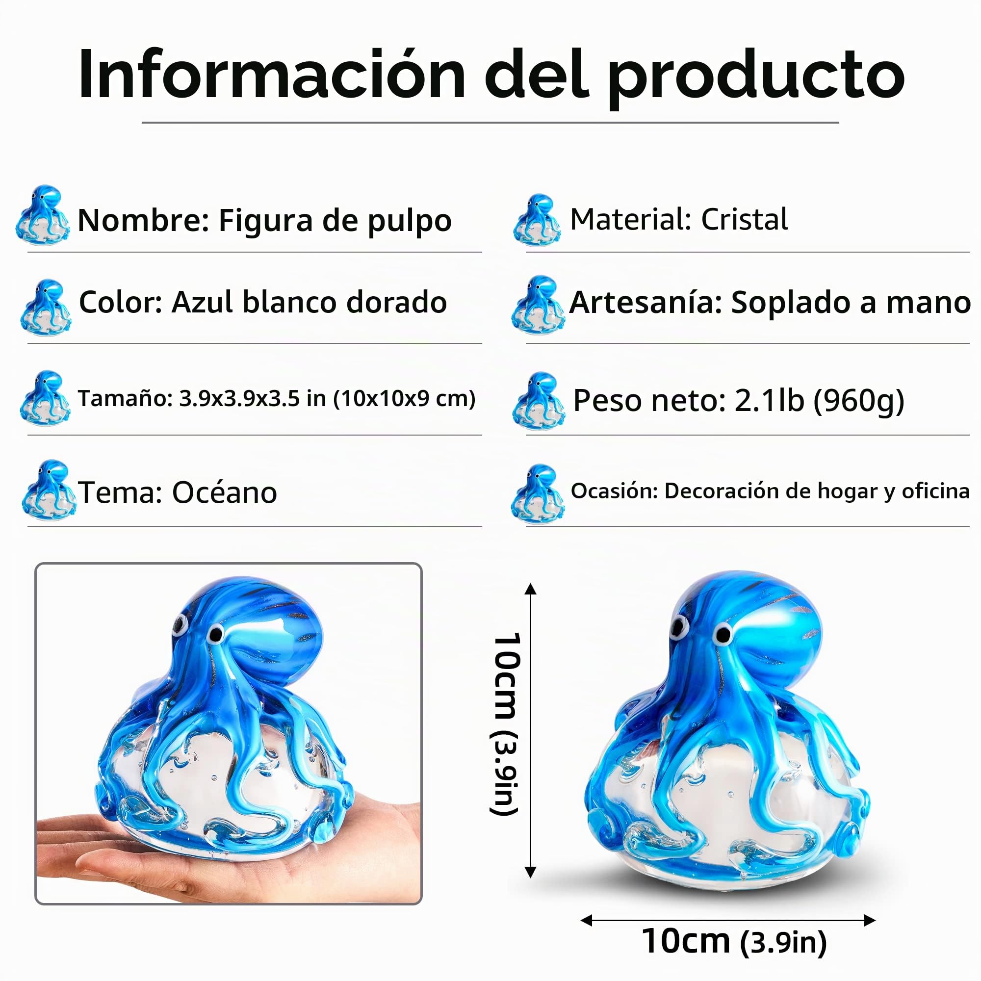 EUSTUMA Figura decorativa de pulpo de vidrio soplado a mano, adorno de animales marinos para acuario de pecera, colección de animales marinos para regalo de cumpleaños, pisapapeles de cristal para