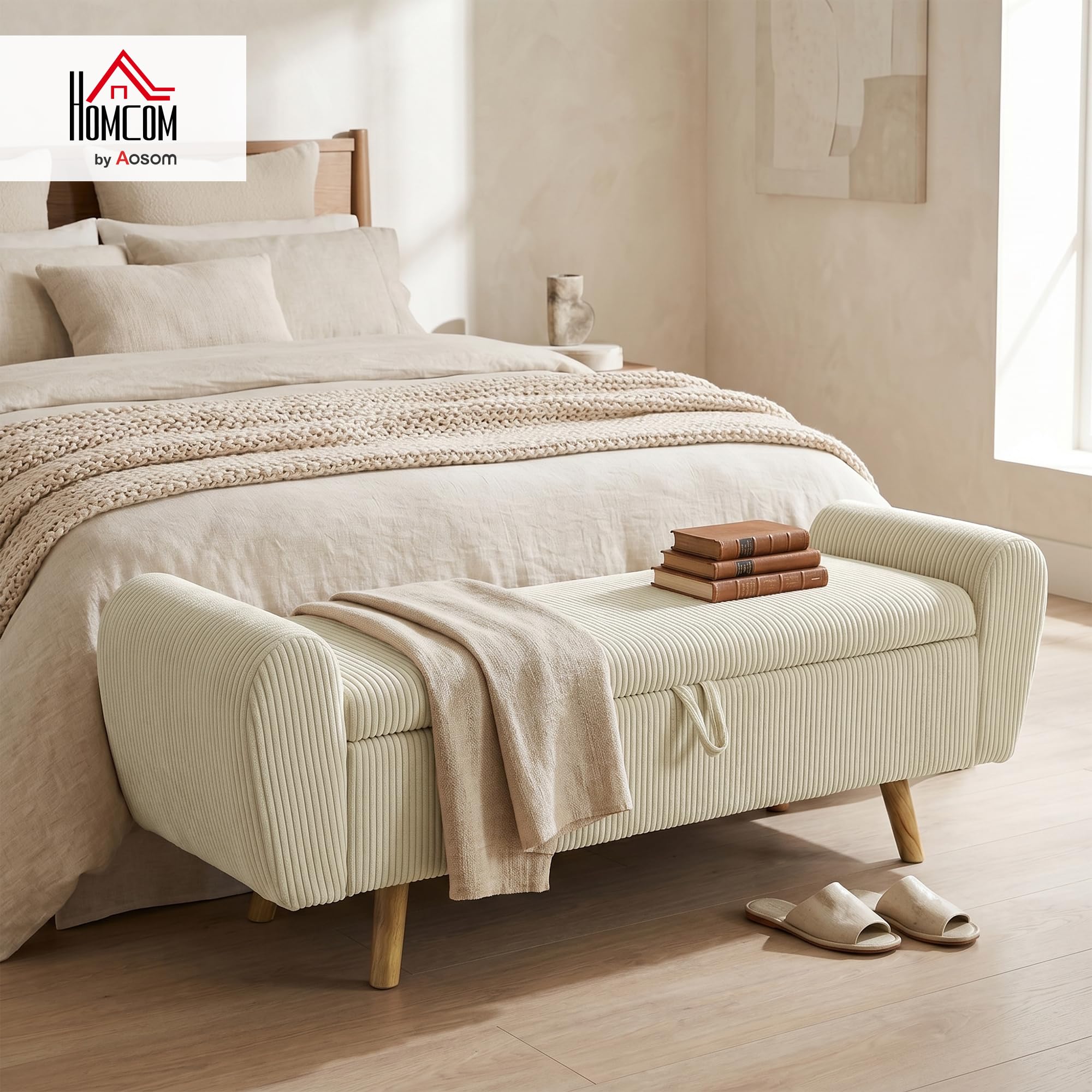 HOMCOM Banco Almacenaje 150 cm Puff Almacenaje Tapizado en Pana Beige | Banco Pie de Cama, Brazos Redondeados, Patas de Madera, Otomana para Dormitorio, Salón, Recibidor