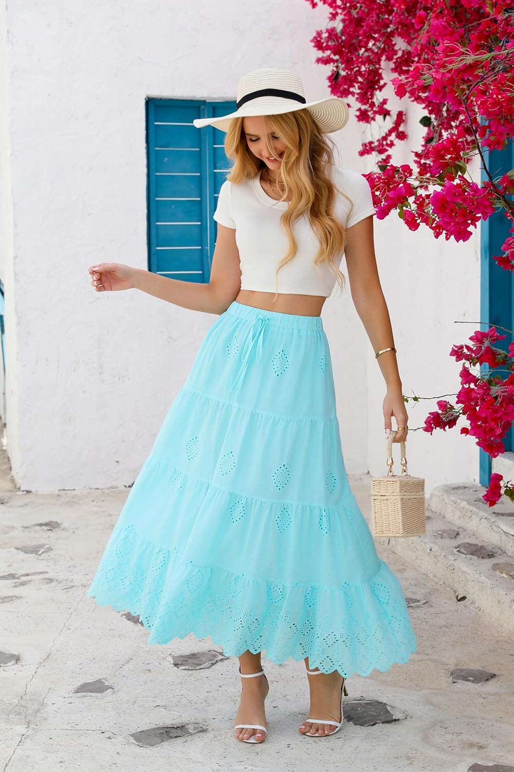 Love Welove Fashion Women’s Summer Boho Cotton Embroidered Tiered Maxi Skirt Elastic High Waist A-Line Long Beach Dress