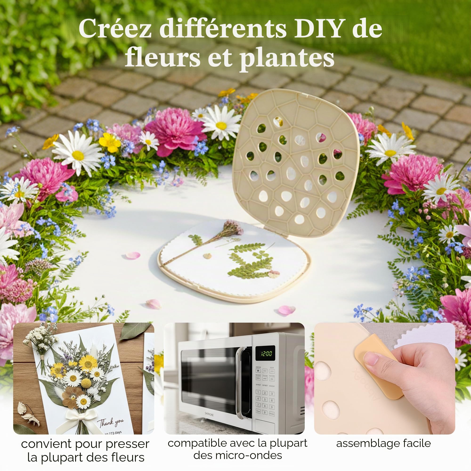 Aboofx Grand kit de presse à fleurs pour micro-ondes, 22,9 x 22,9 cm, kit de séchage de fleurs rapide pour adultes, fabrication rapide de plantes pressées, loisirs créatifs et cadeau