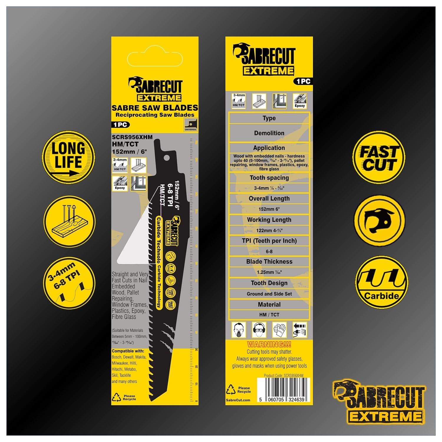 2 x SabreCut SCRS956XHM_2 Tungsten Carbide 152mm Variable 6-8 TPI S956XHM Very Fast Wood and Plastic Cutting Reciprocating Sabre Saw Blades Compatible with Bosch Dewalt Makita and Many Others
