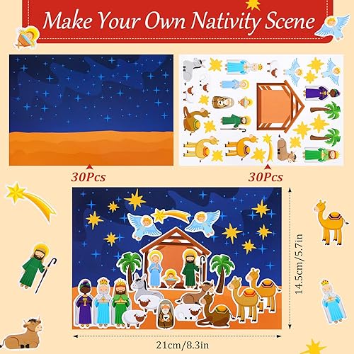Miniatura 2 de Juego de 60 hojas de calcomanías de Navidad para belén, manualidades de Navidad para fiestas religiosas, calcomanías de belén, juego de fiesta para