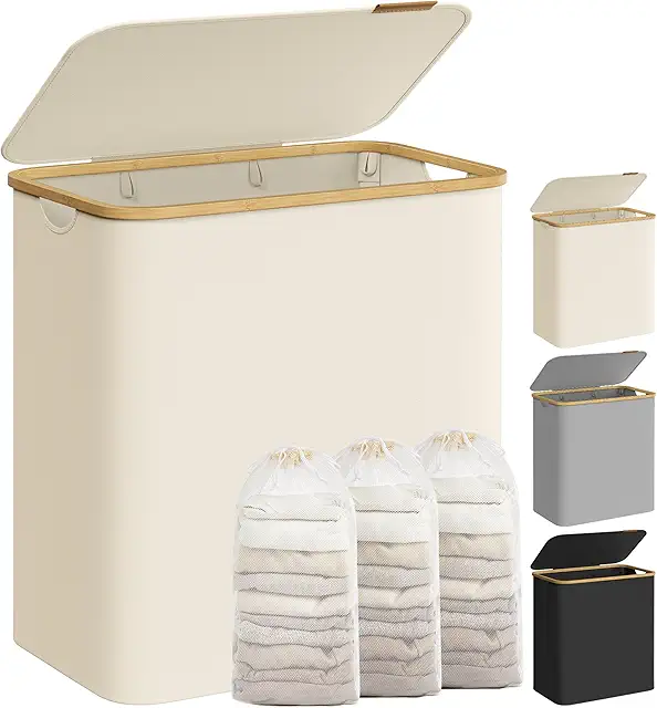 Cesto de Ropa Sucia Plegable de 3 Secciones, 150 L, con Forro Extraíble y Tapa