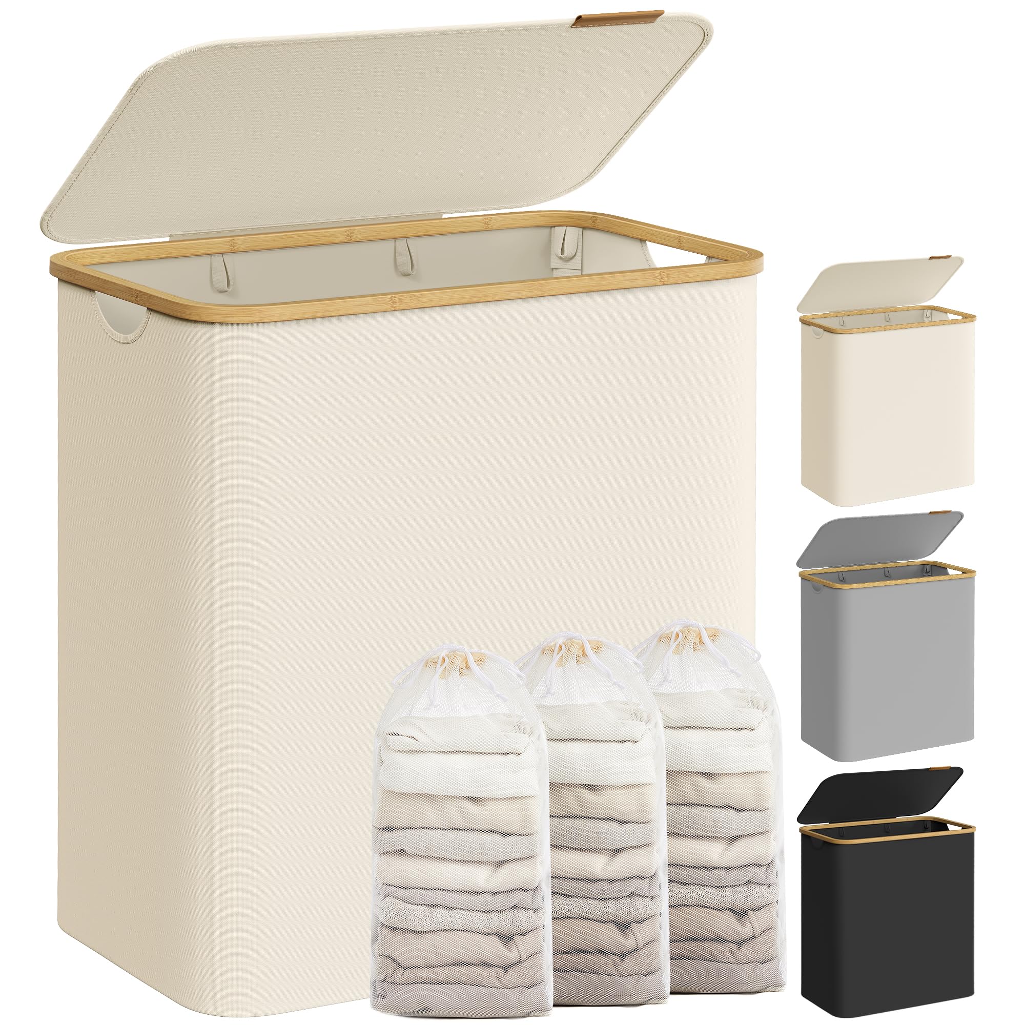 SONGMICS Laundry Basket with Lid, 3-Section Large Laundry Hamper, 150L, Removable Mesh Liner, Oxford Fabric, Bamboo Handles, Collapsible, 60 x 38.5 x 70.5 cm, Cream White LCB515W01