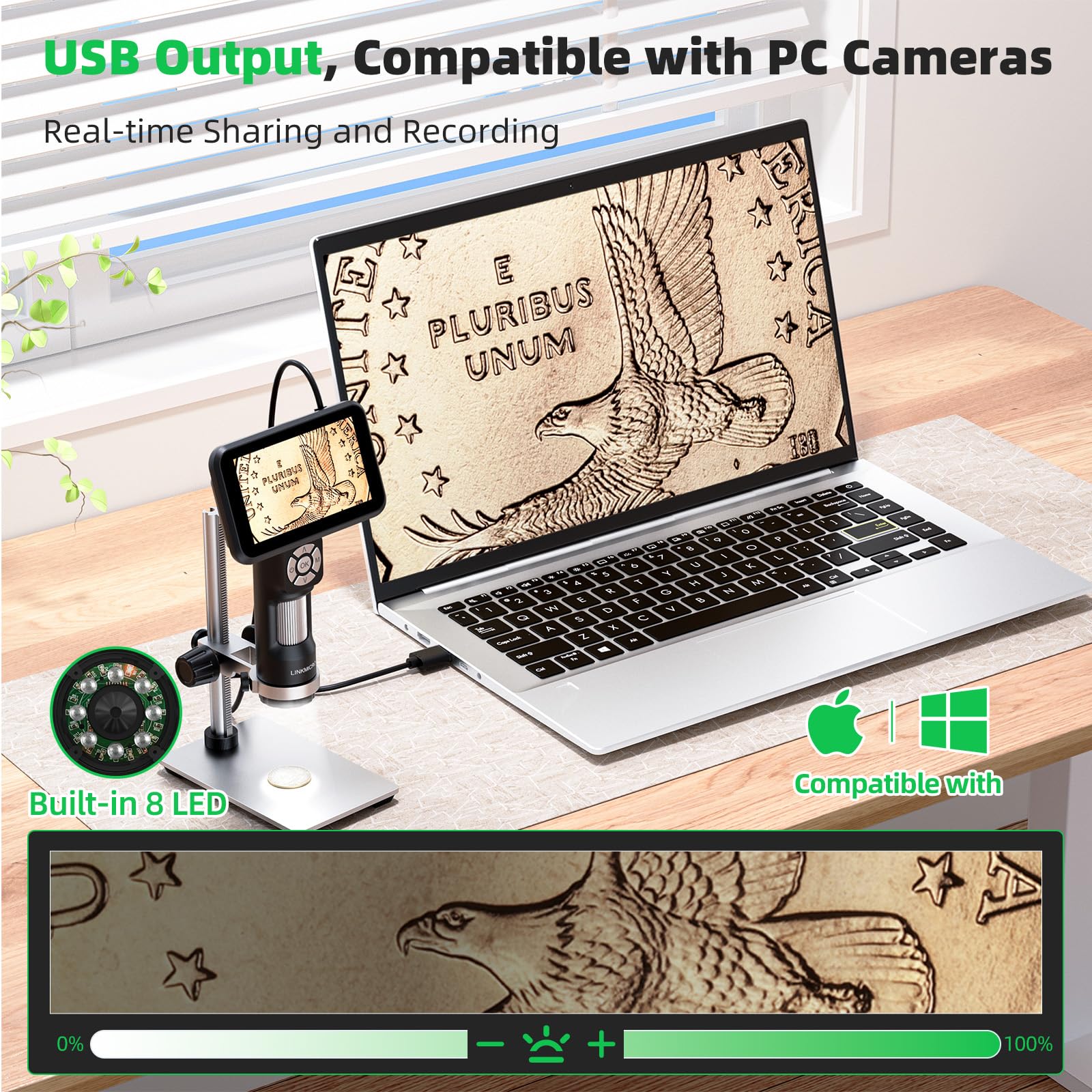 Microscopio digital HDMI 4K para monedas, video UHD 3840P, cámara de microscopio 4K de 1200X con pantalla de 5 pulgadas, lupa de monedas de mano para adultos, 8 luces LED, soporte de metal