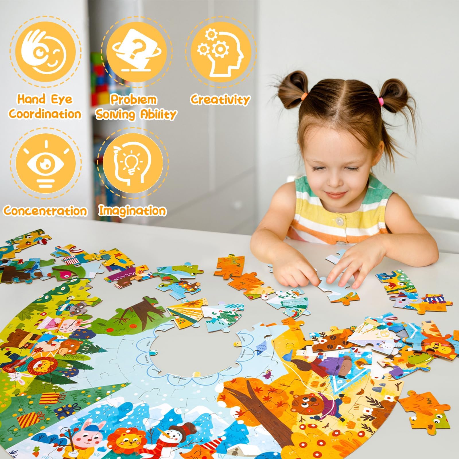 Puzzle Podłogowe, 88 Kawałek Puzzle Cztery Pory Roku Leśne Zwierzęta, Puzzle dla Dzieci w Wieku od 3-letnim i Wyższym Kartonowe, Puzzle Podlogowe Prezenty Urodzinowe dla Dzieci
