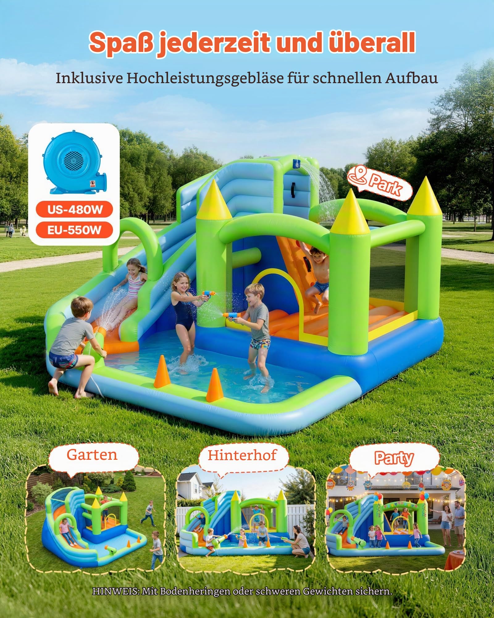 VEVOR Aufblasbare Wasserhüpfburg (344 x 374 x 213 cm), Hüpfburg mit Wasserrutsche & Hüpfburgelementen & Basketballkorb & Planschbecken & Wasserringwurfspiel, für 3–4 Kinder (3 bis 8 Jahre Alt)