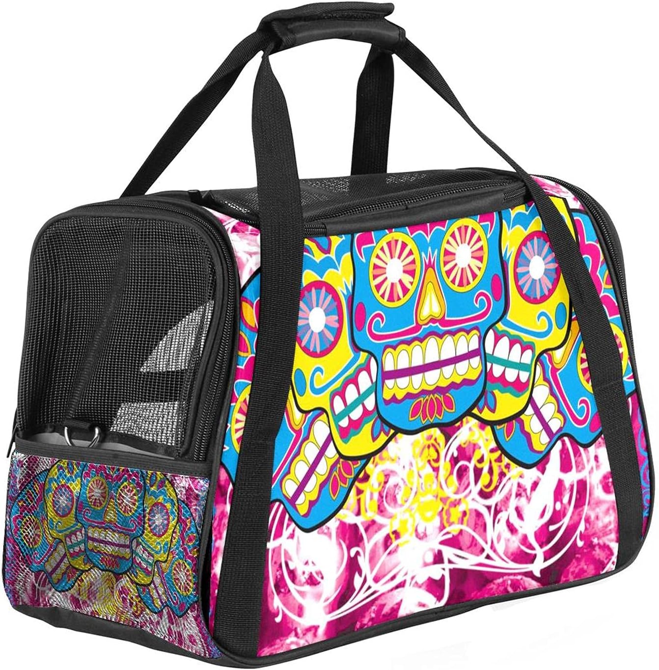 Bennigiry3 Open Doors Expandable Pet Carrier Mesh design Easy to Observe Soft Sided Cat Dog Carrier for Outside Activity Travel Hiking Pet Bed for Rest Colorful Skull