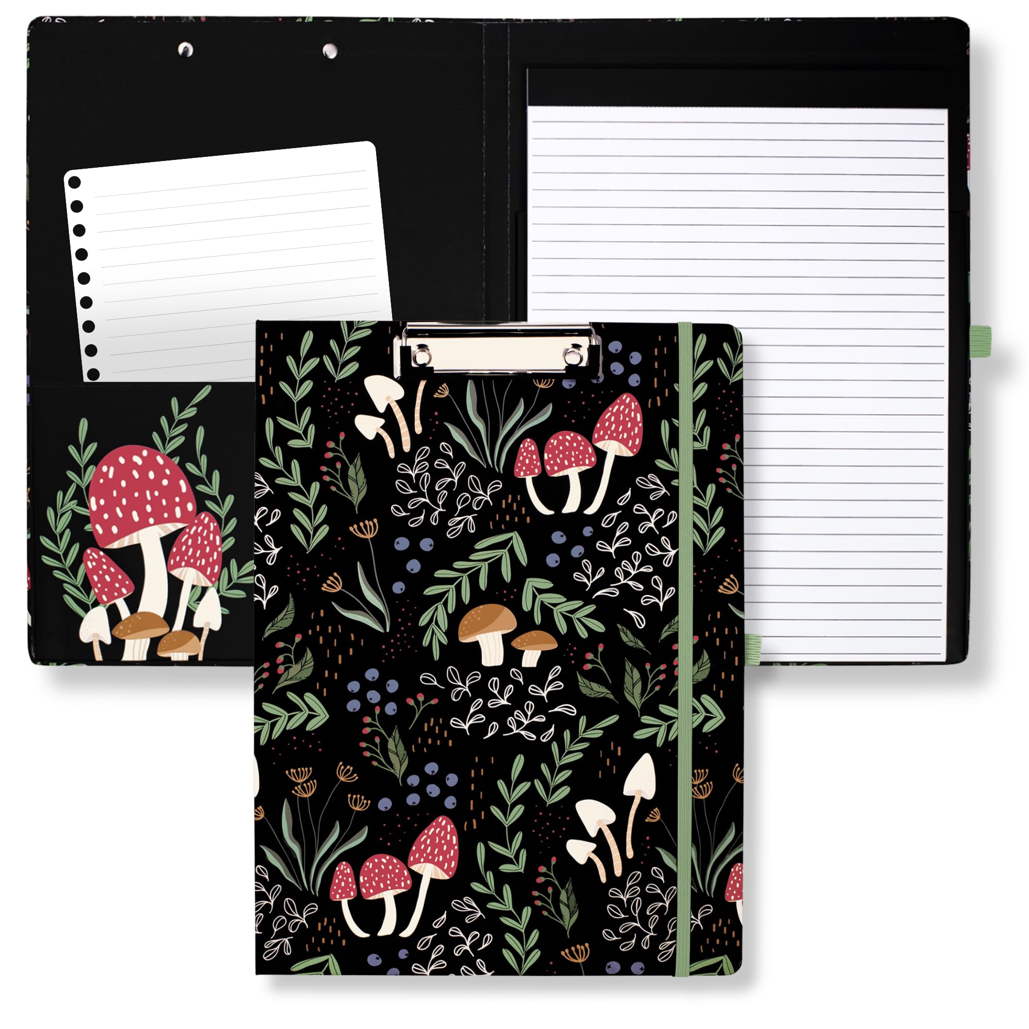 STEEL MILL Cute Clipboard Folio with Refillable Lined Notepad and Interior Storage Pocket, Padfolio for Work, Mushroom